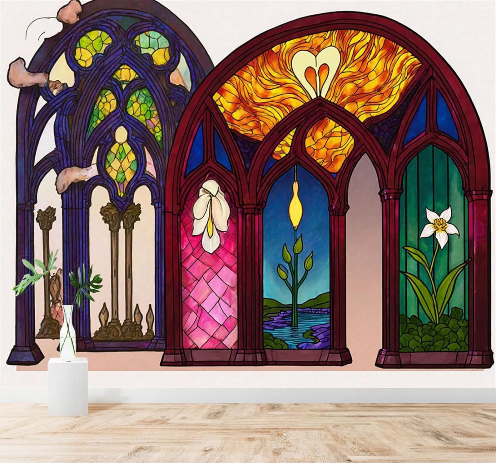 XLMING Colourful Stained Glass Windows Flowers Sunset Scenery 3D Wallpaper Premium Textured Silk Study Dining Living Room Bedroom Sofa TV Wall Easy Install-400cm×280cm