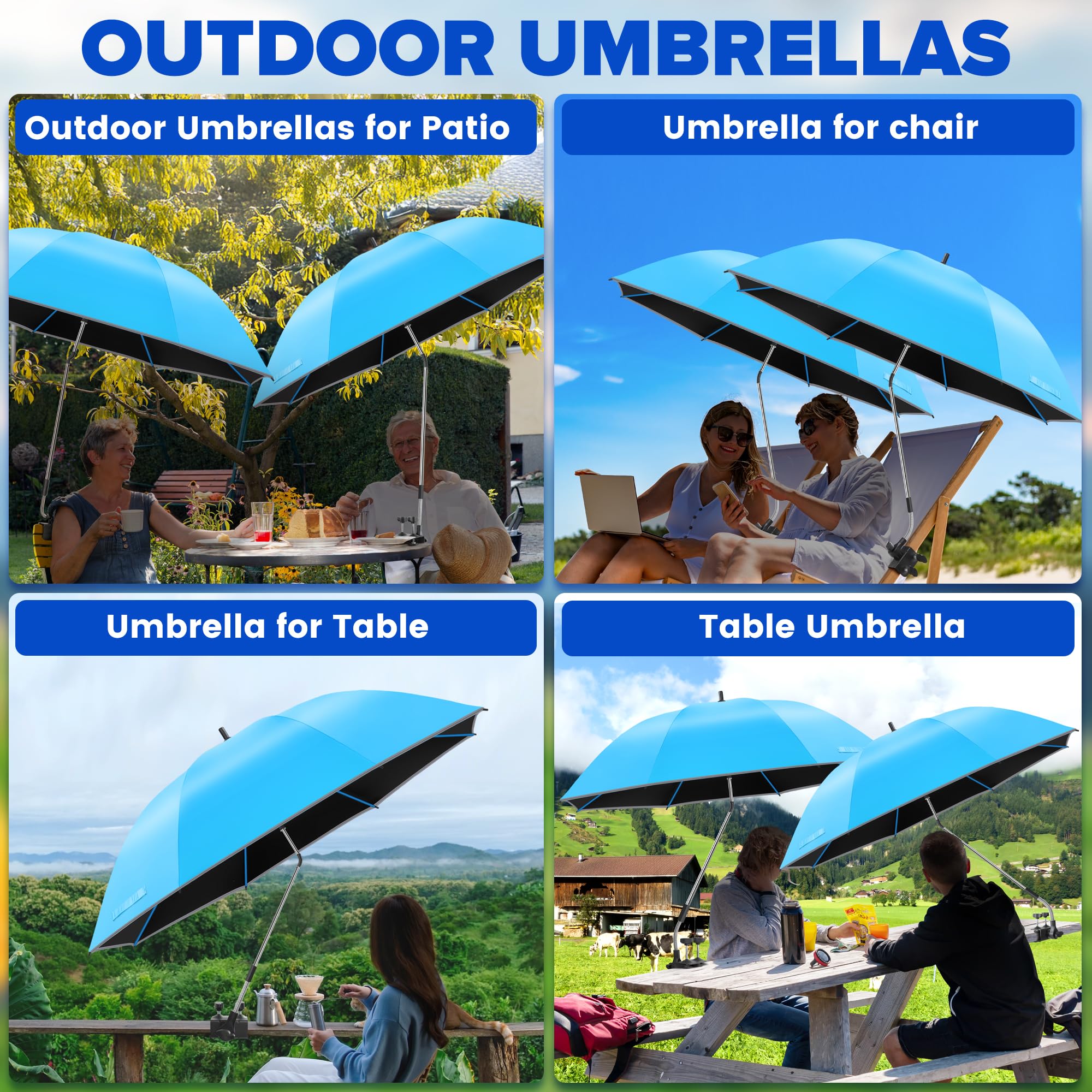 2er-Pack 124cm Sonnenschirm mit Klemme, 360° verstellbar, UPF 50+ UV-Schutz, großer Clip-On Schirm für Strandstuhl, Campingstuhl, Golftrolley und Tisch