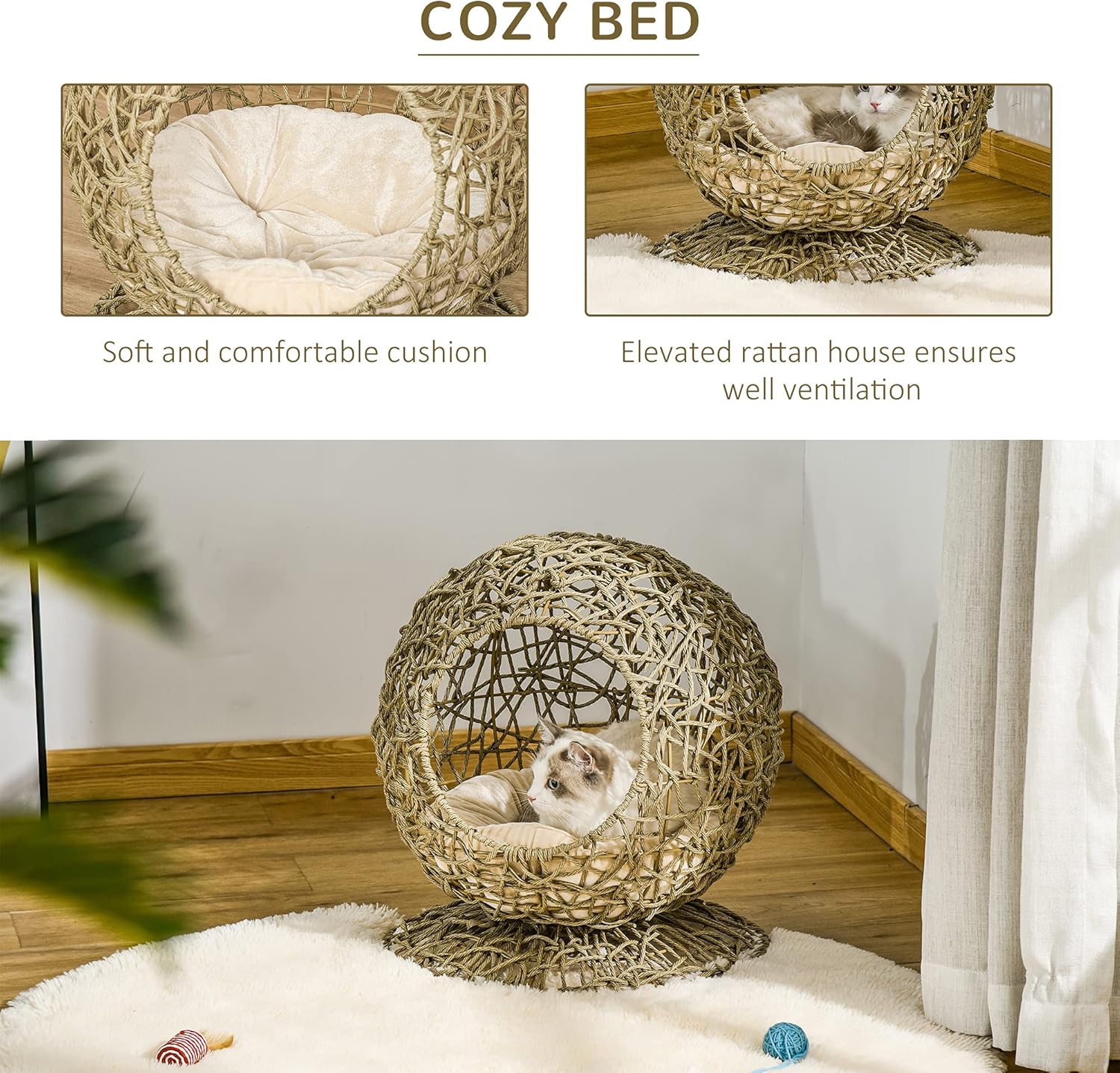 PawHut Rattan Elevated Cat Bed Kitty Ball with Comfortable Soft Cushion, Wicker Construction and Round Base, Brown : Pet Supplies