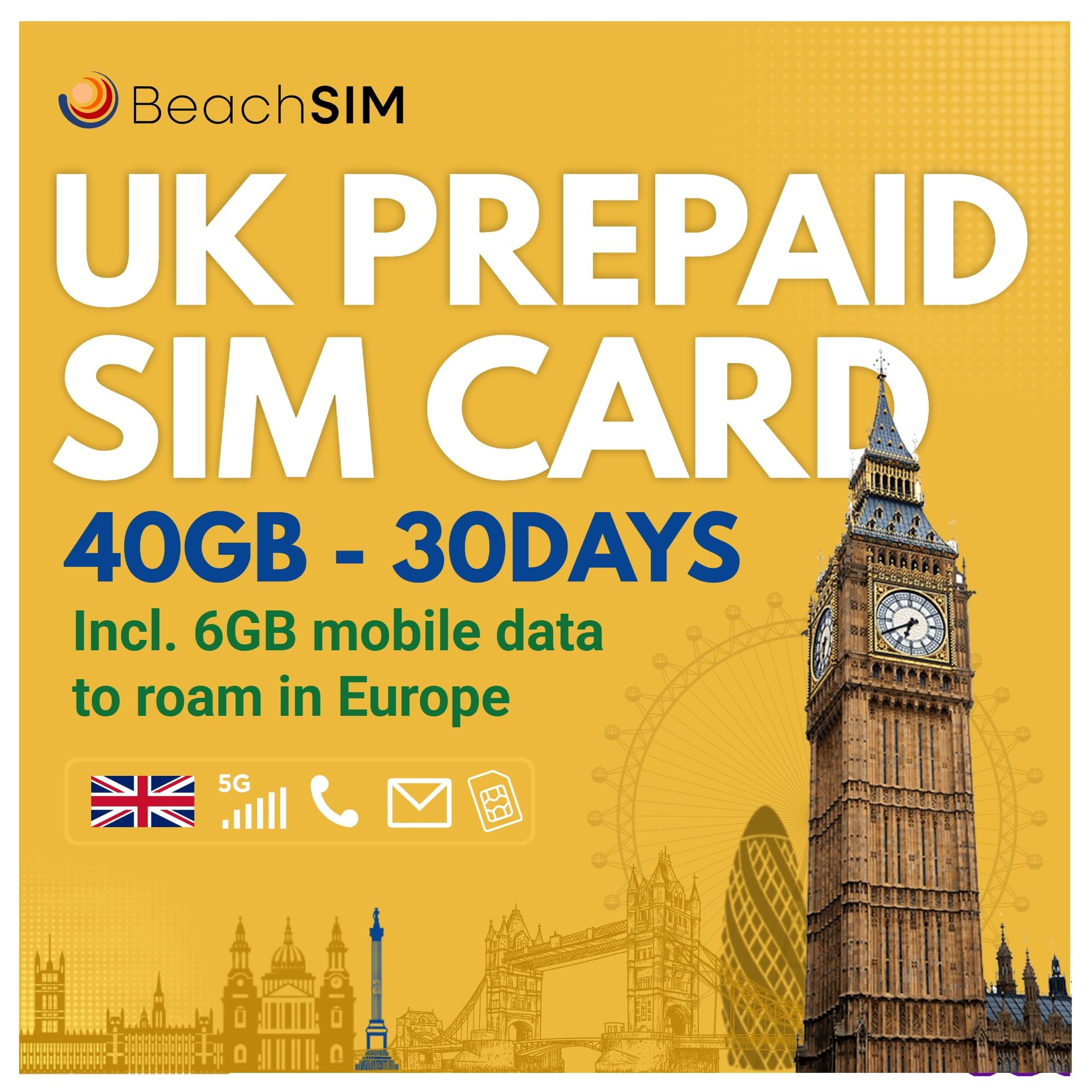 UK SIM Card válida Durante 30 días. 40 GB con número del Reino Unido. La Tarjeta SIM anónima Que Funciona en más de 70 países.