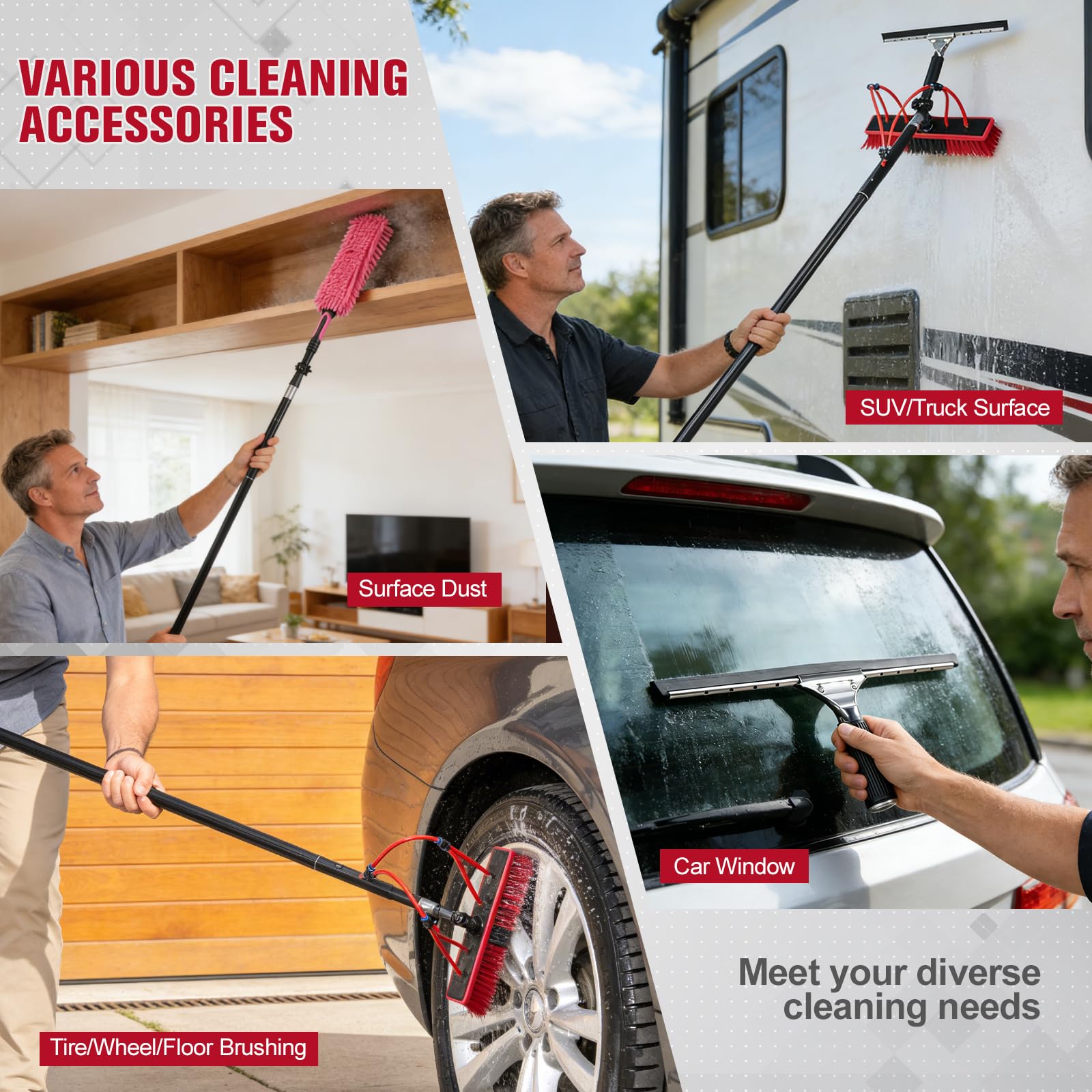 Cepillo de lavado telescópico, 6 m, limpieza de sistemas de PV, cepillo de doble función y extractor | varilla de aluminio extensible para sistemas solares, coche y jardín de invierno |