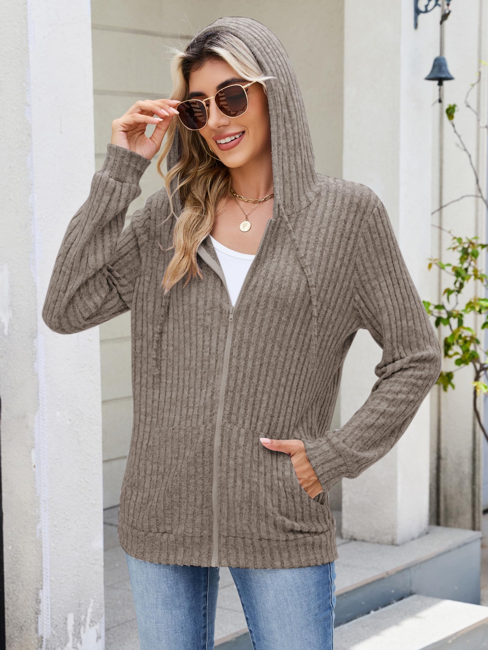 iChunhua Cardigan à capuche zippé à manches longues pour femme Veste légère avec poches