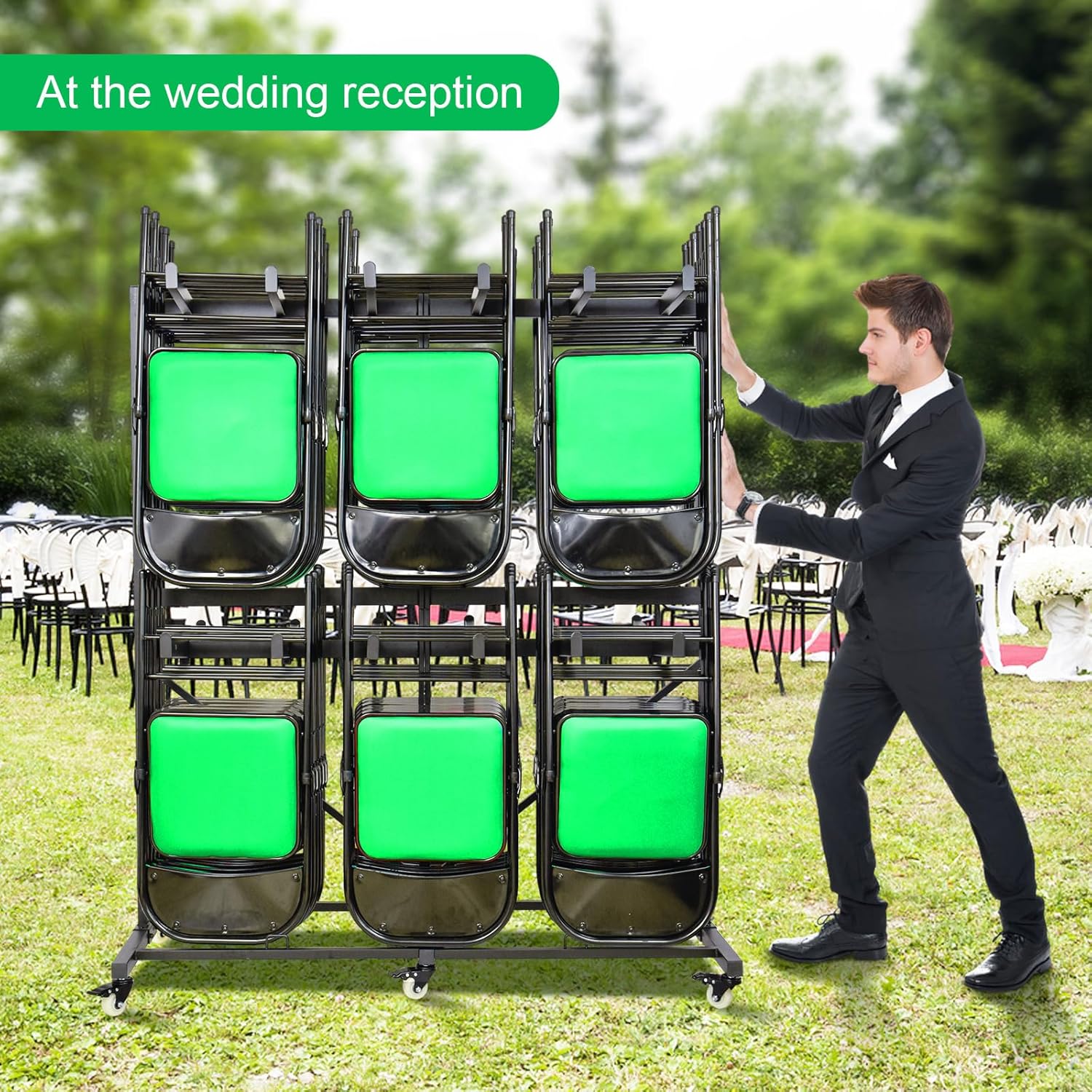 Folding Chair Cart Storage Rack Thickened Two Tier Heavy Duty Folding Table Chair Racks for Storage with Locking Rubber Wheels can Withstand 800LBS Capacity