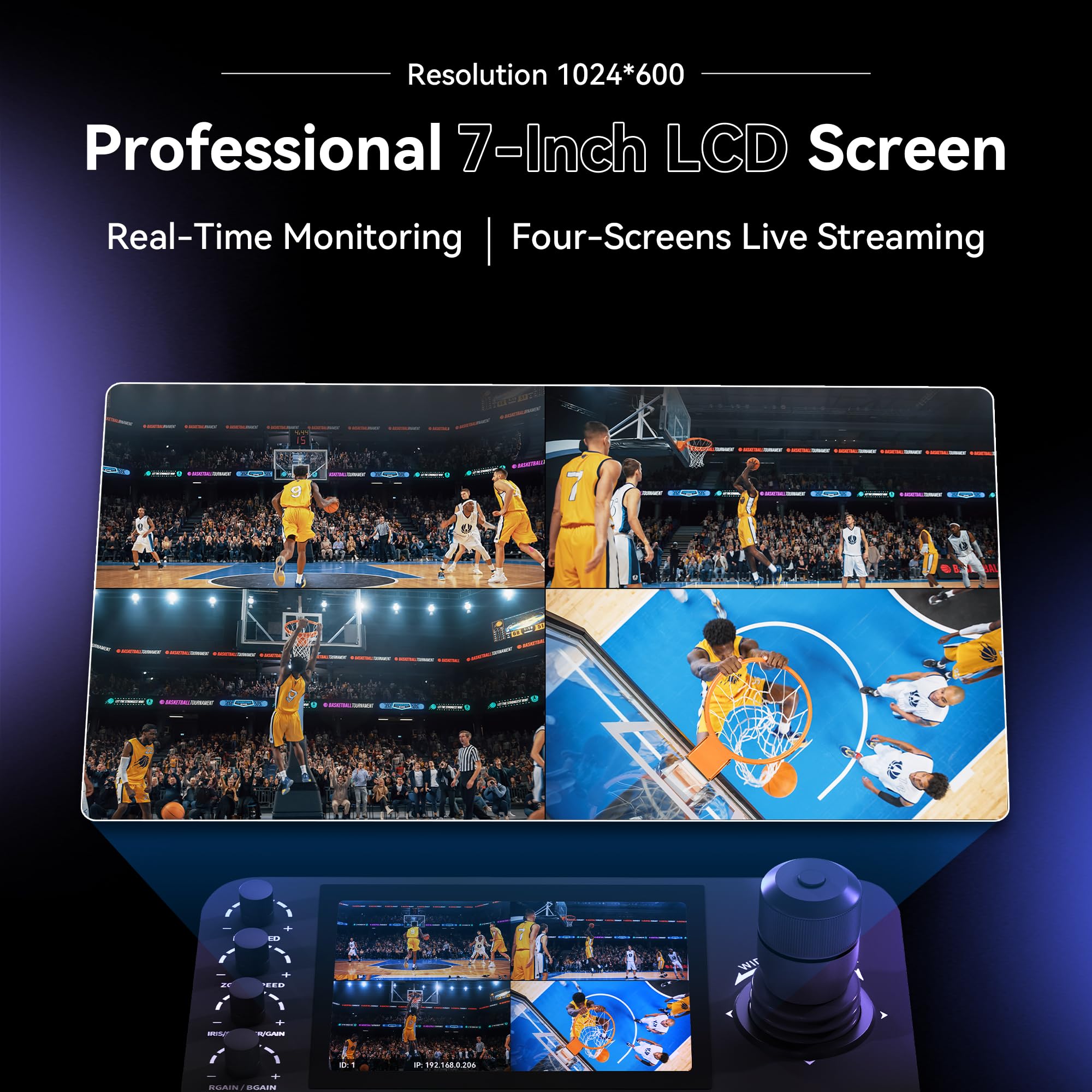 Tenveo Controller per Telecamera PTZ IP NDI con Anteprima a Schermo Quadruplo da 7", Tastiera di Controllo con Joystick 4D per Streaming in Chiesa, Eventi Live, supporta NDI PoE VISCA Pelco-D/P