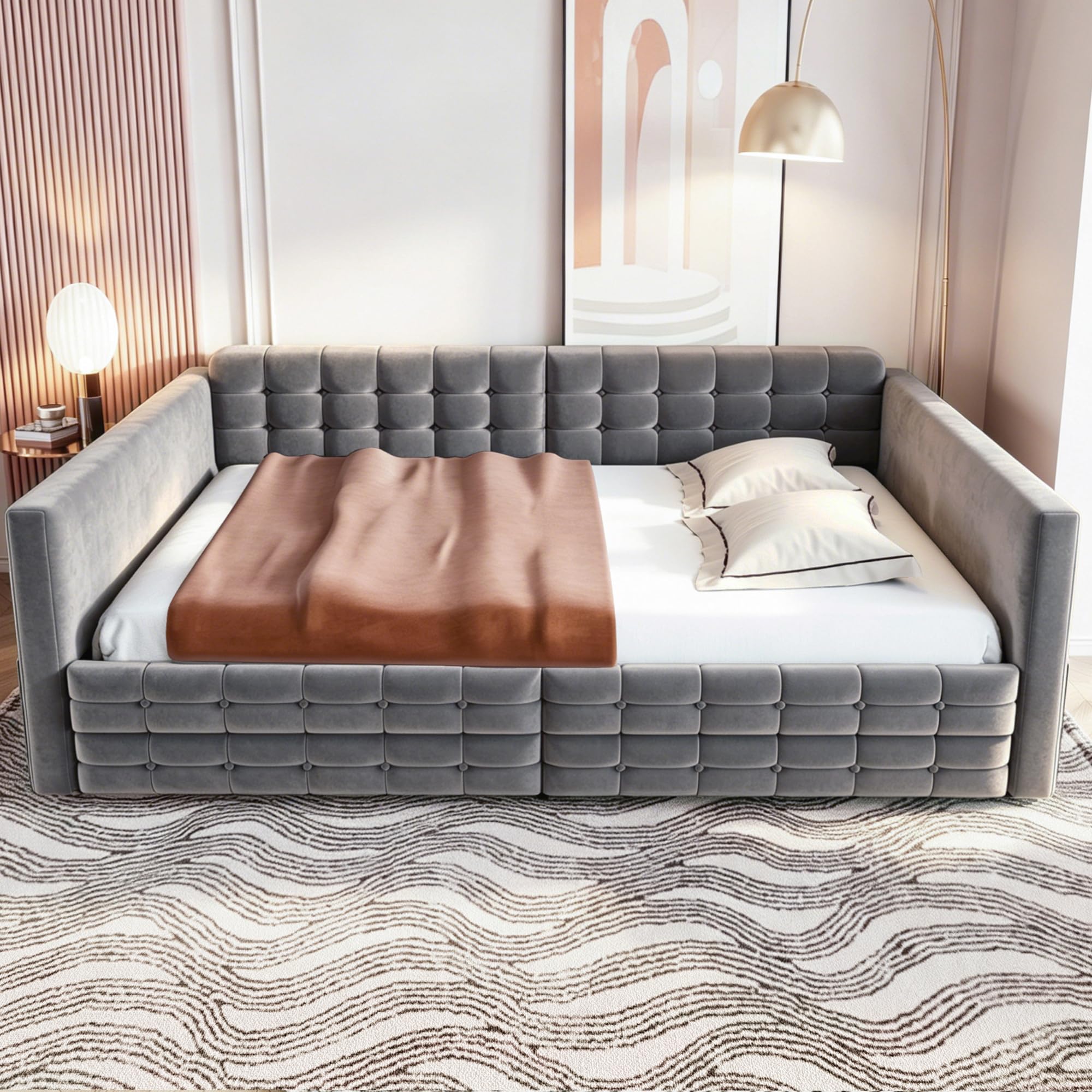 Łóżko tapicerowane, sofa z funkcją spania 140 x 190, klasyczny wzór w kratkę, schowki po bokach łóżka, dwie szuflady pod łóżkiem, dla gości lub jako pojedyncze łóżko, aksamitny materiał, szary