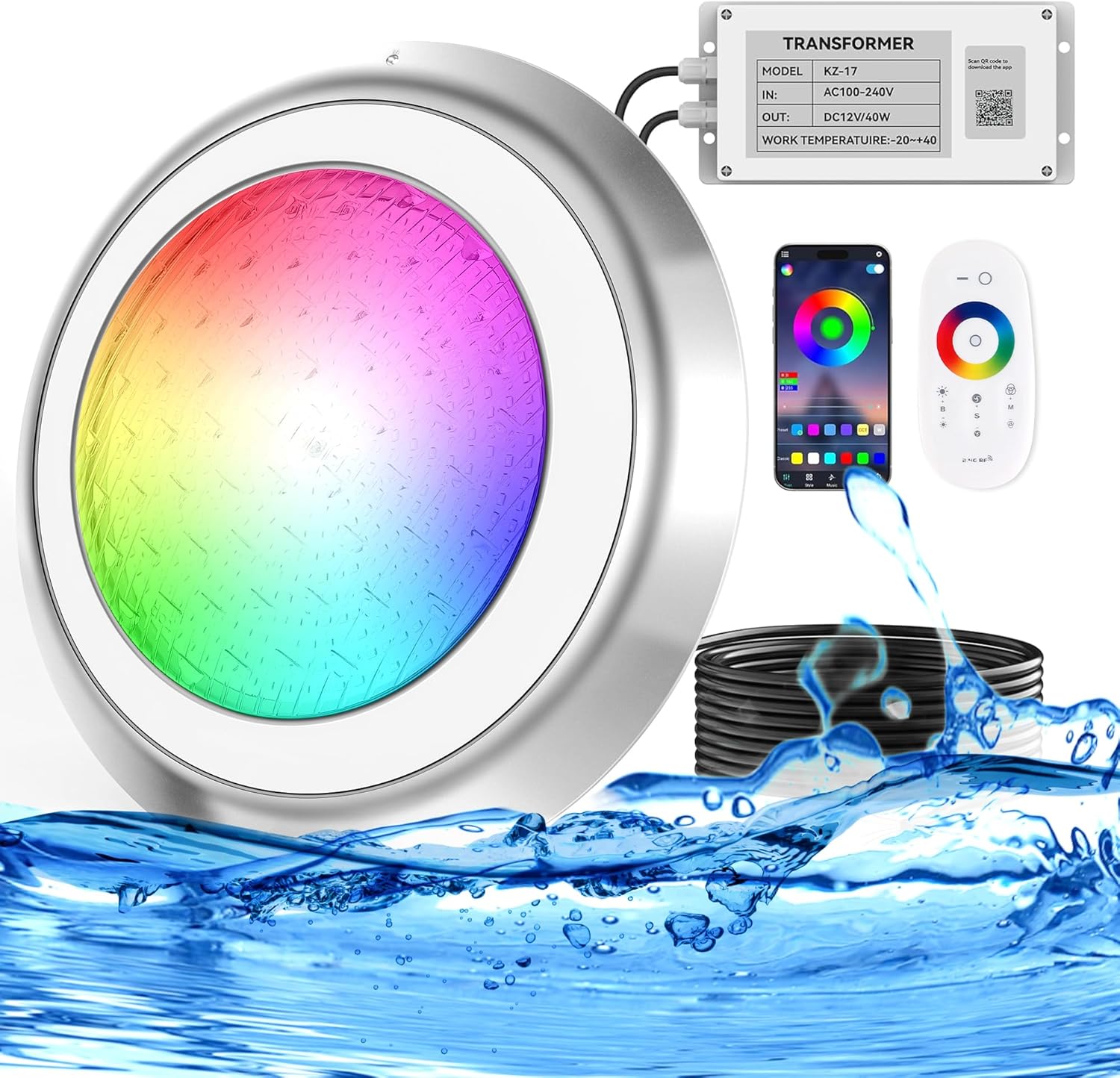 LED Pool Lights for Inground Pool, Wall Mounted, AC 120V RGBW Pool Lights for Inground Pool, 12 Inch IP68 Waterproof Submersible Light - 50ft Cable APP Control & Remote Control, Inclusion Transformer