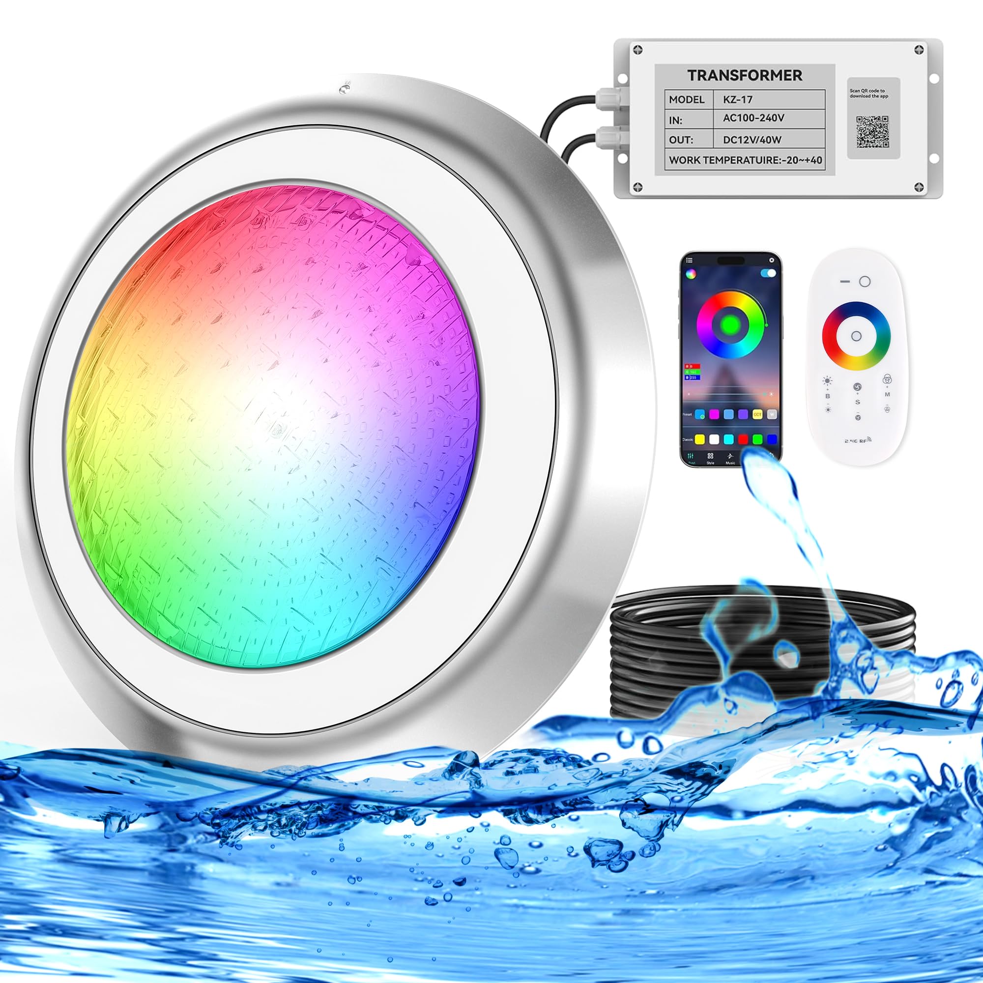 Photo 1 of LED Pool Lights for Inground Pool, Wall Mounted, AC 120V RGBW Pool Lights for Inground Pool, 12 Inch IP68 Waterproof Submersible Light - 50ft Cable APP Control & Remote Control, Inclusion Transformer