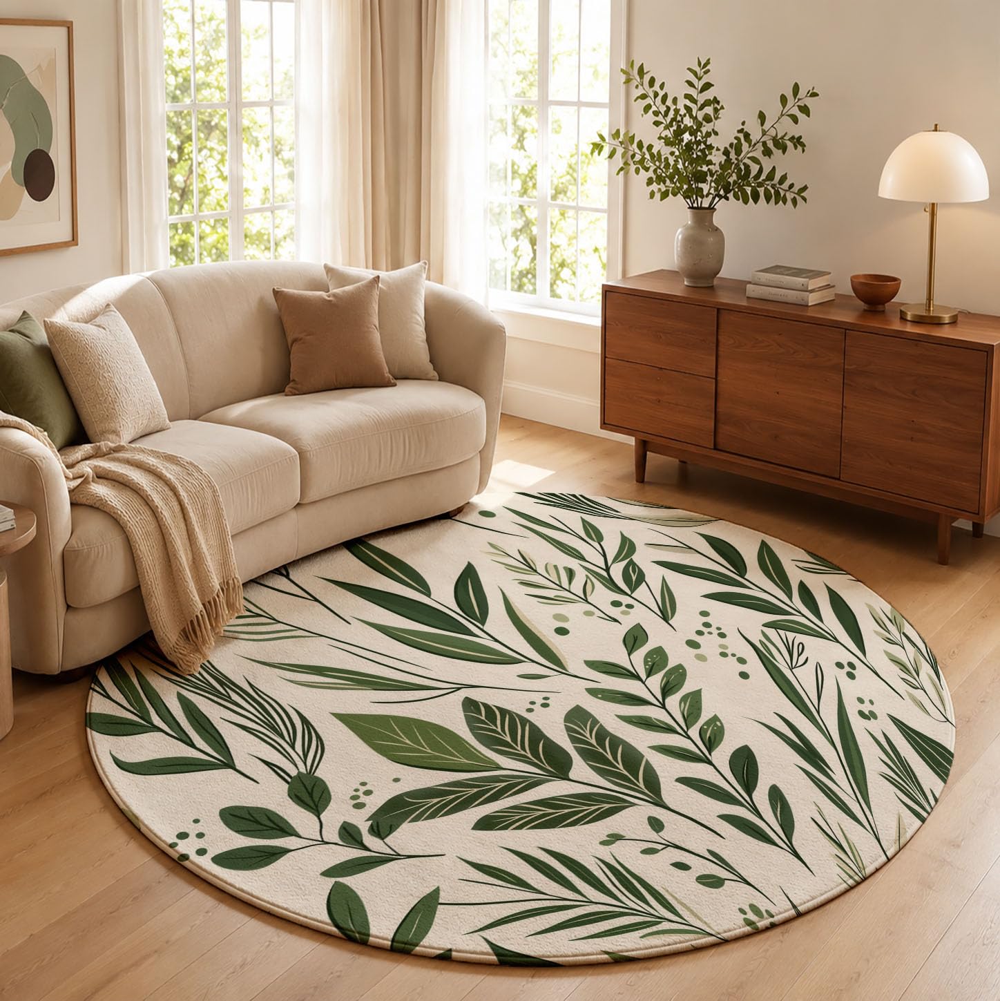 Tapis Moderne 100cm Rond à Motif Plantes peintes à la Main