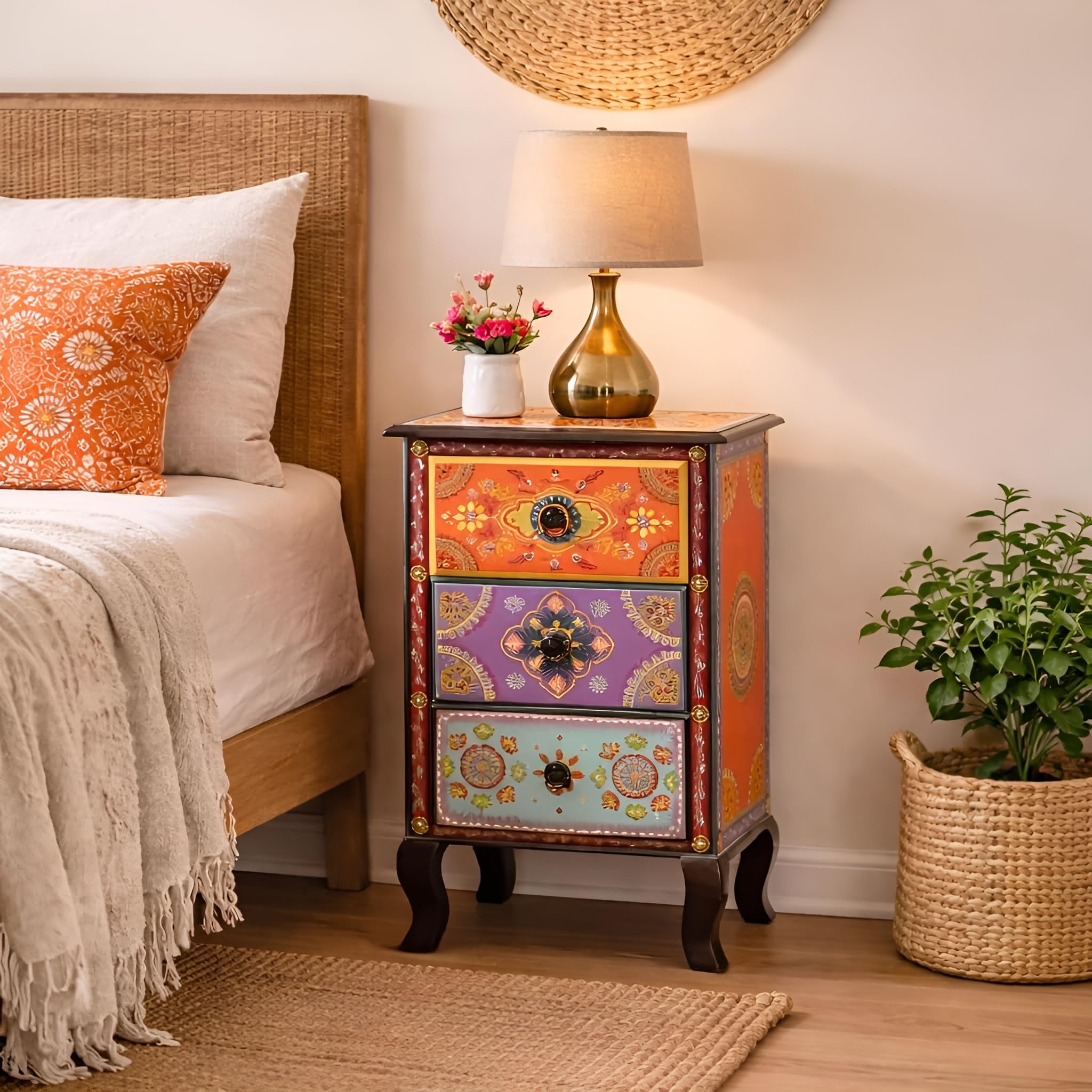 FURNWEAVE Solid Wooden 3 Drawer Side Table - Rajasthani Traditional Chest of Drawers - Multicolor - 18" x 12" x 30" - Rustic Finish - Living Room-picture-31
