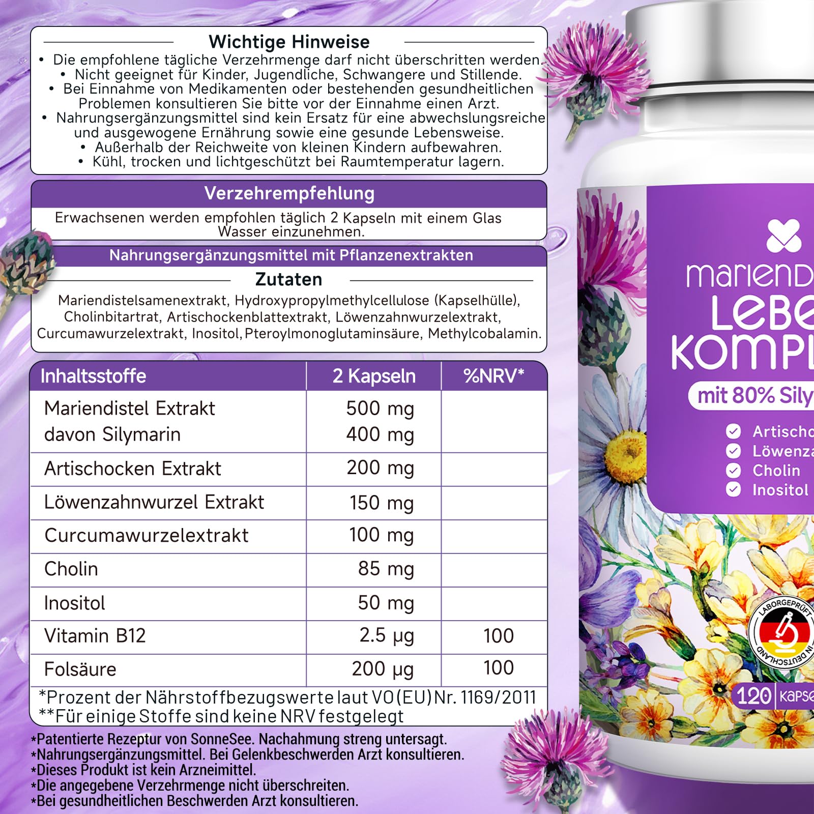 Leber Komplex 8-in-1 Mariendistel 120 Kapseln, Hochdosiert mit 80% Silymarin, Artischocke, Löwenzahn, Inositol Cholin trägt zu einem normalen Fettstoffwechsel bei Vegan