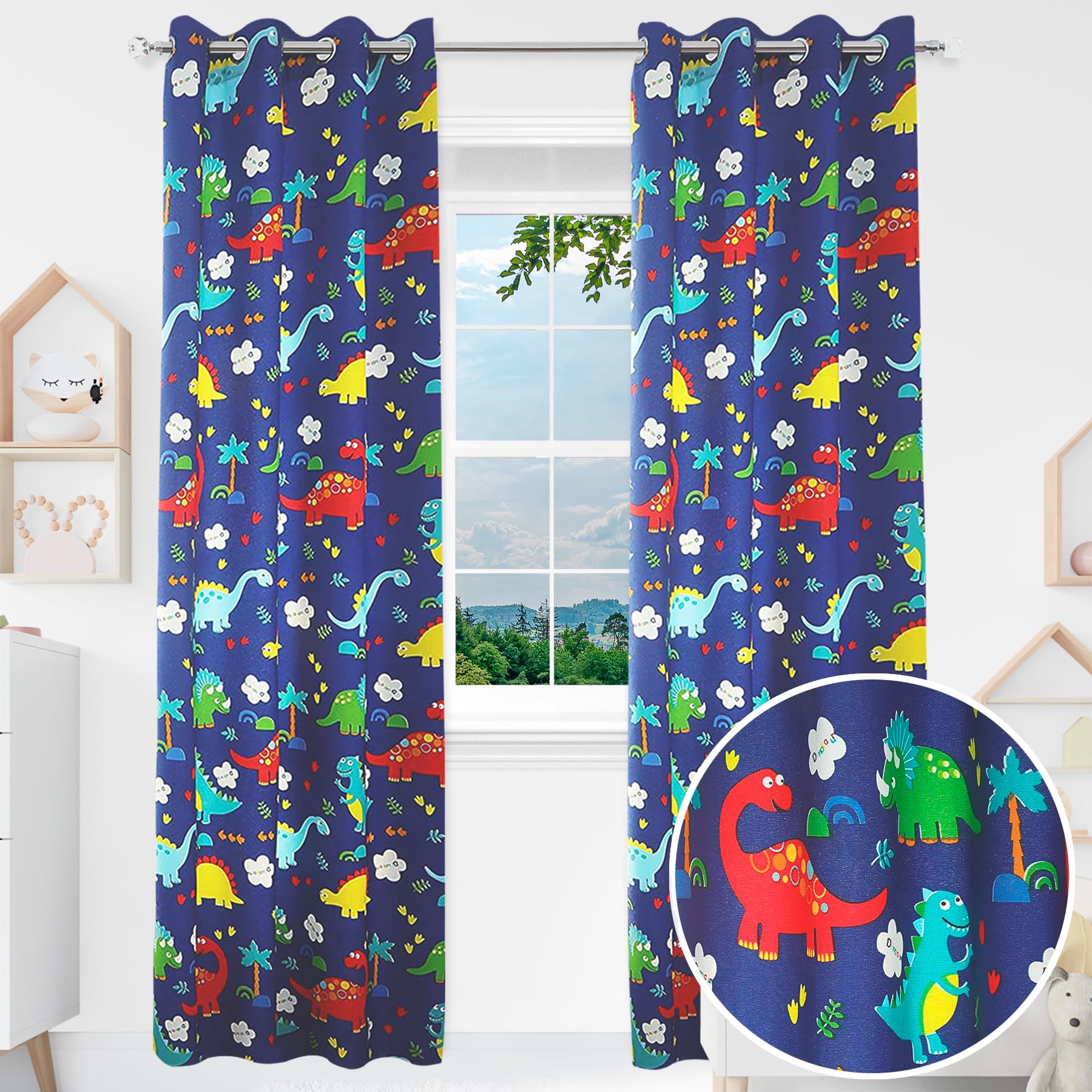 BOD HOME 2 Piezas Cortina Infantil Opaca para Habitación de Niños, 140 x 260cm Ancho x Alto, Dormitorio Infantil con Diseño Dinosaurio Azul, Material 100% Poliéster