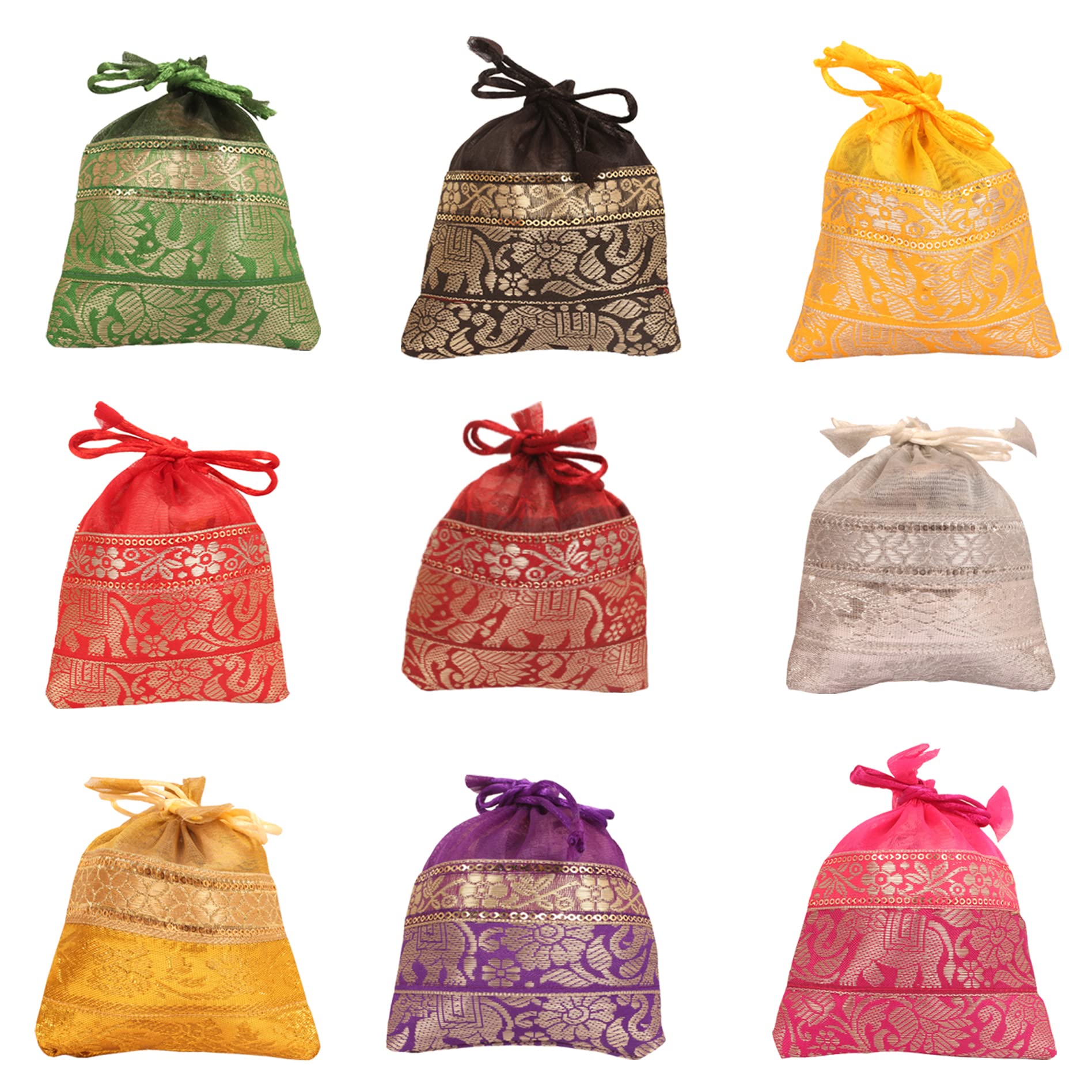 Touchstone Drawstring Bags Traditional Indian Handcrafted in Elephant Pattern Brocade fabric. Perfect for Gifts Jewelry Weddings Sweet Distribution Set of 9 Vibrant Multicolor Pouches Purses Potli.