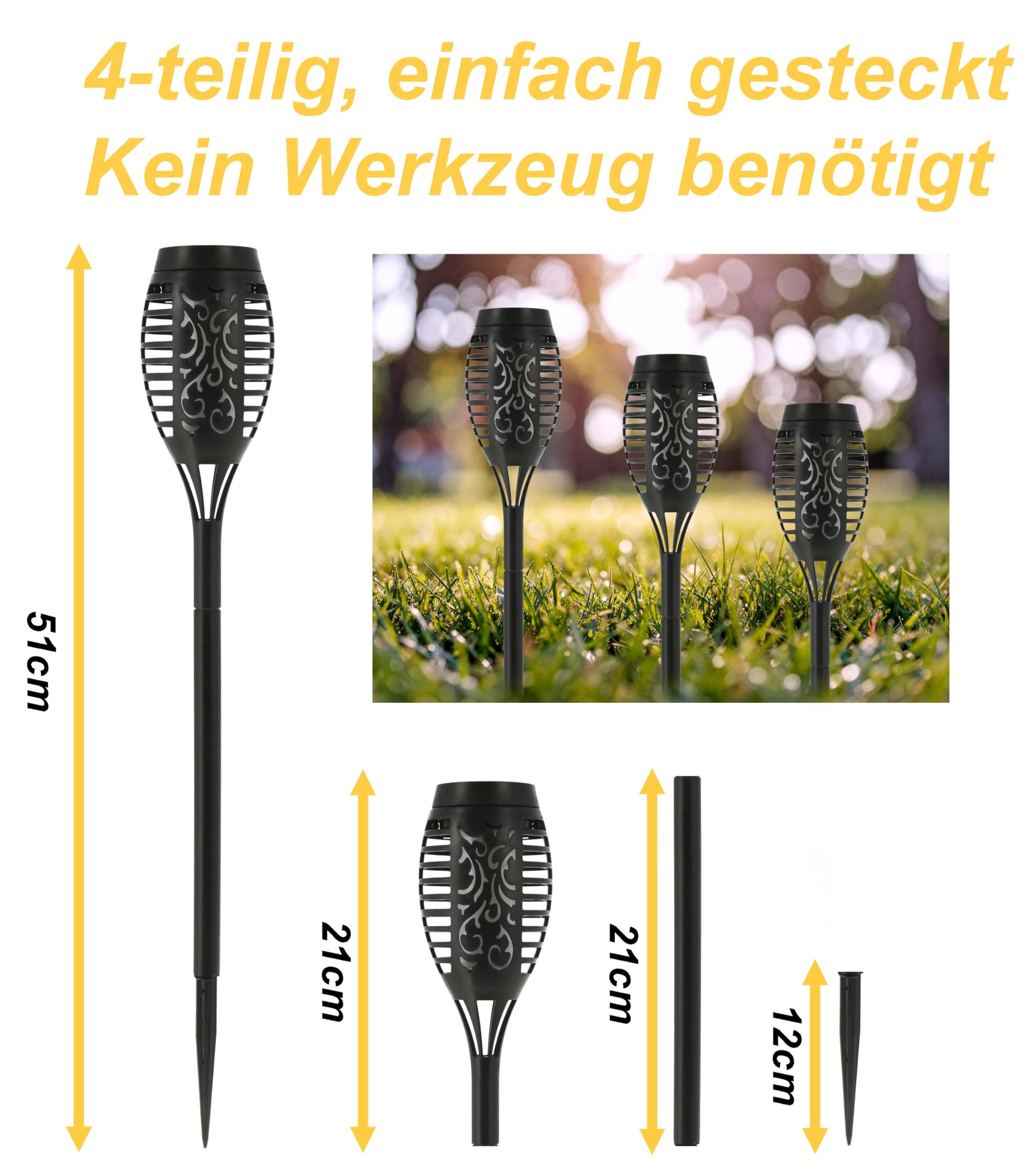 Solarlampe für Außen Gartenfackel mit realistischem Flammeneffekt 51cm Wasserdicht Solarleuchte Solar für Garten Balkon Deko Beleuchtung (12 Stück)