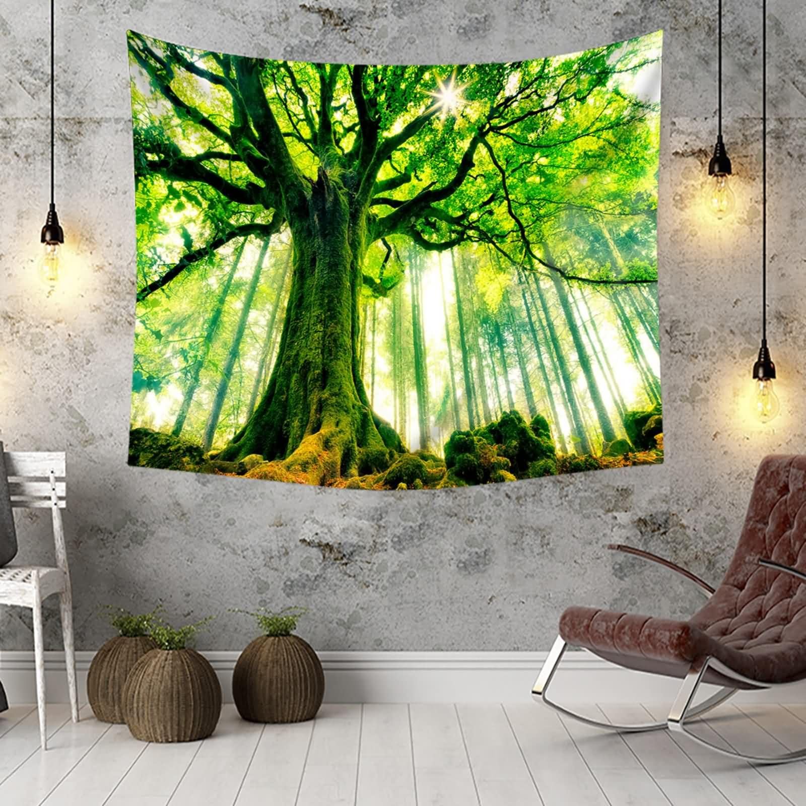Homxi Tappeti Parete Camera Letto 260 x 240 CM,Alberi e Paesaggio Soleggiato Arazzi da Parete Moderni Poliestere Verde