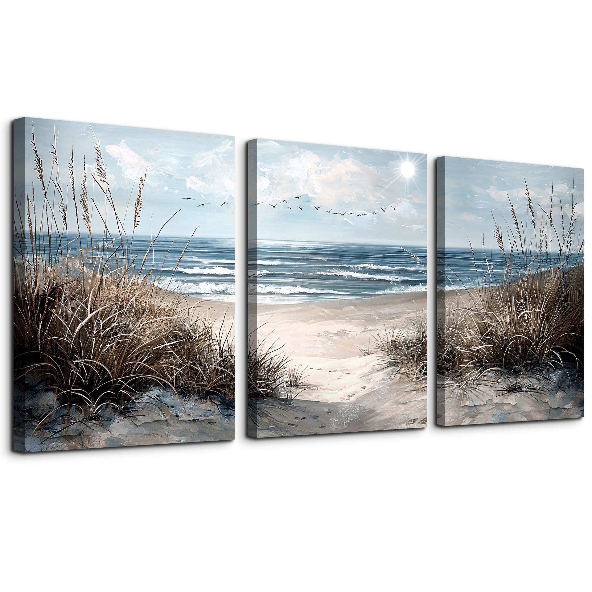 TTHYUEWS Wall Art For Living Room Wall Decor For Bedroom Modern Office Pictures Blue Sea Beach Posters Canvas Painting Wall Art Bathroom Seascape Prints Artwork Canvas Art Framed Ready to Hang 3pcs