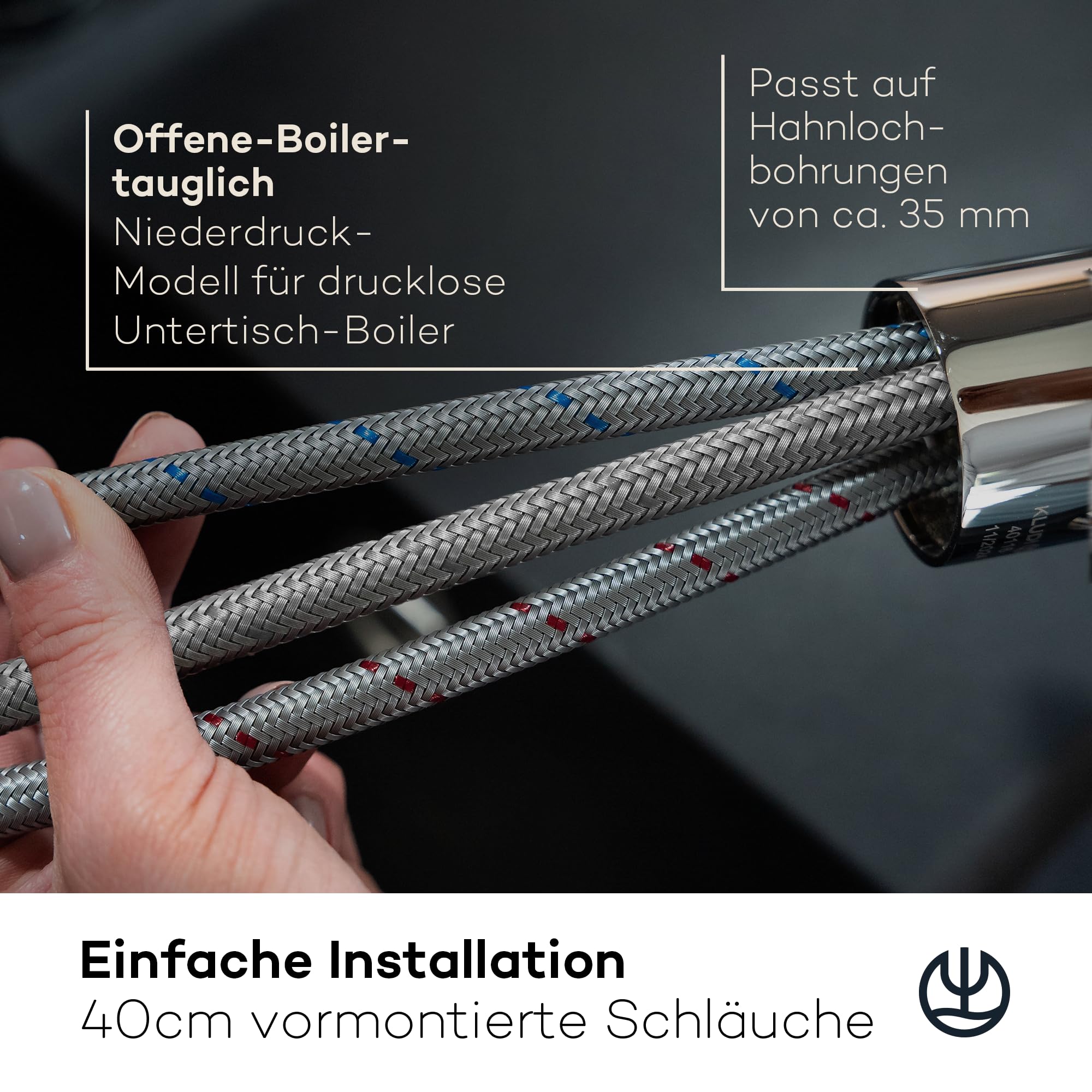 KLUDI-M3 Niederdruck Armatur Küche 360° schwenkbar, Wasserhahn Küche Schwarz mit 1 Strahlart, Mischbatterie Küche mit komfortabler Auslaufhöhe von 17 cm, Küchenarmatur Schwarz