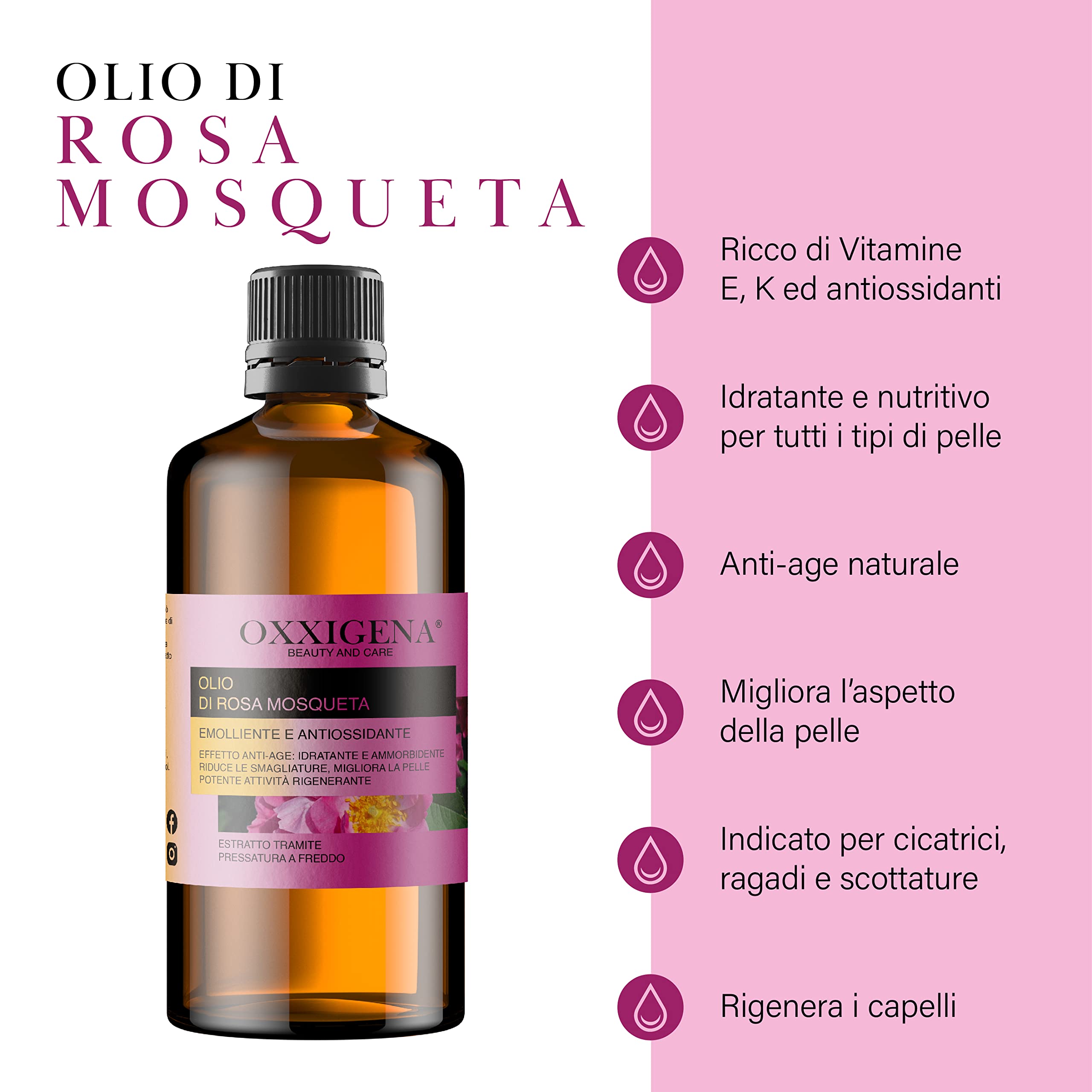 Oxxigena - Olio di Rosa Mosqueta Puro al 100%, Confezione da 1000 ml, Idratante Versatile per Pelle Secca e Screpolata, Ideale Contro Rughe, Cicatrici, Unghie o Capelli