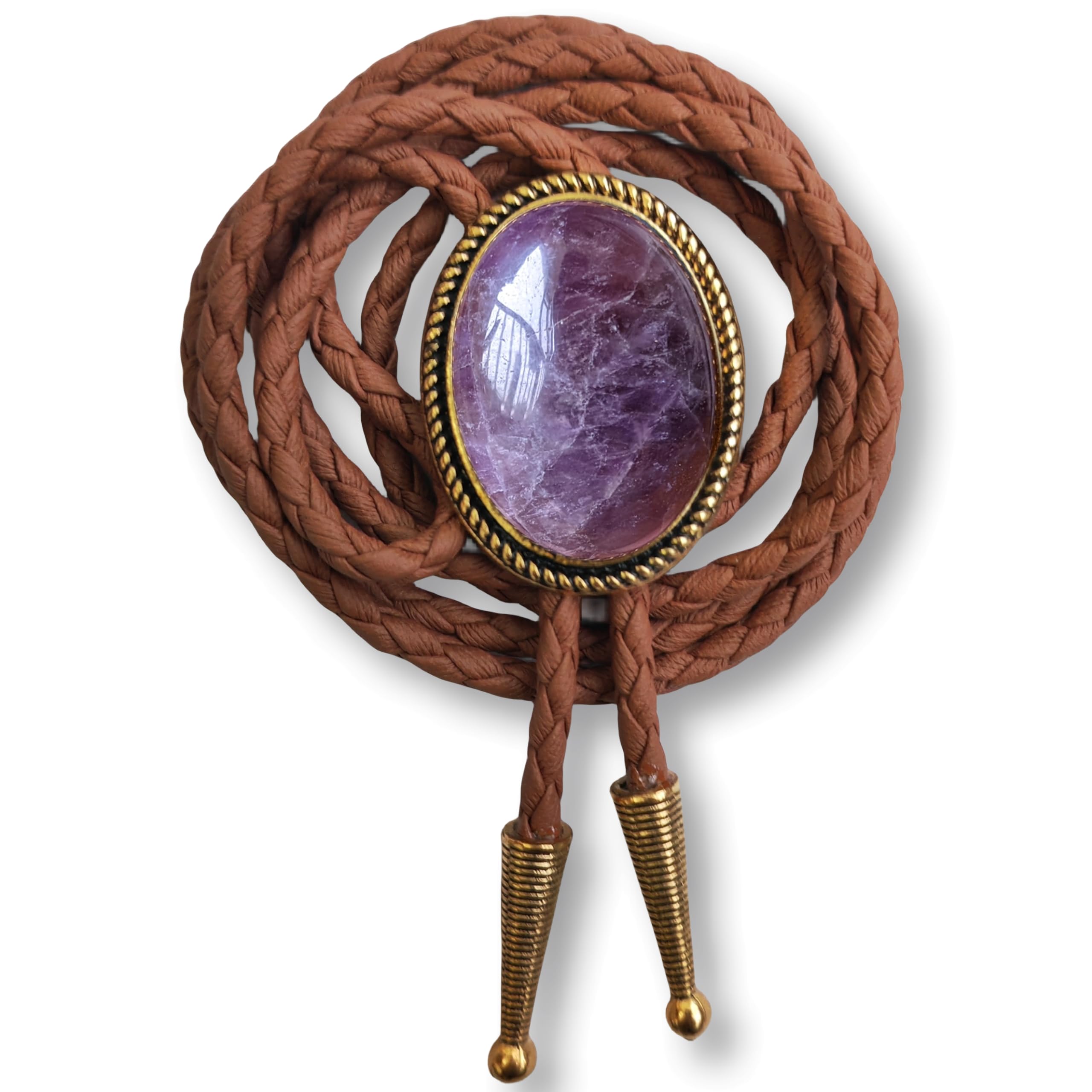 Himongoo Unisex Amethyst Small Bola Bolo Tie Brown Leather Wedding Necktie For Men Women Western Style Bolo Necktie