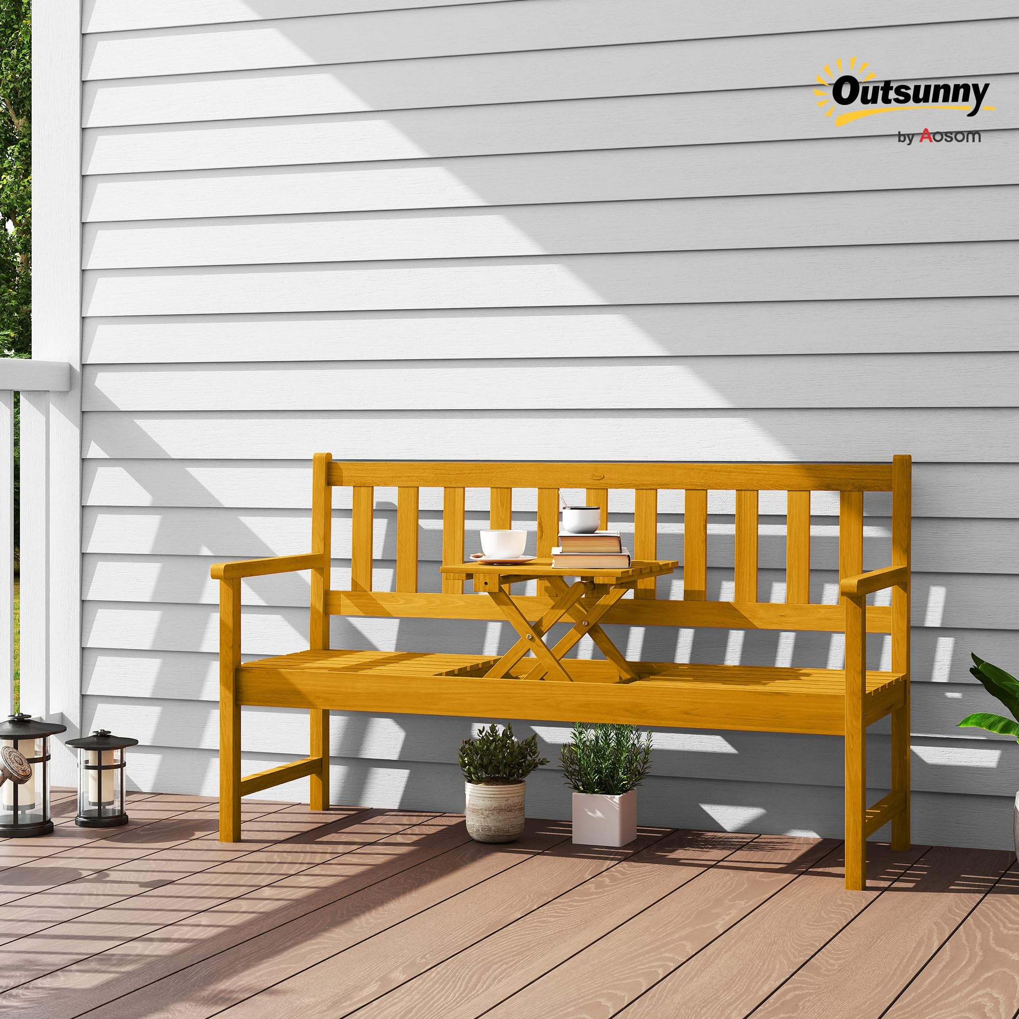 Outsunny 2-Sitzer Gartenbank Akazienholz FSC®, wetterfest Sitzbank, Gartenmöbel mit Rücken- & Armlehnen, Klappbarer Tisch Parkbank 320kg belast, Holzbank für Balkon, Garten, 149x56,5x89cm, Teak