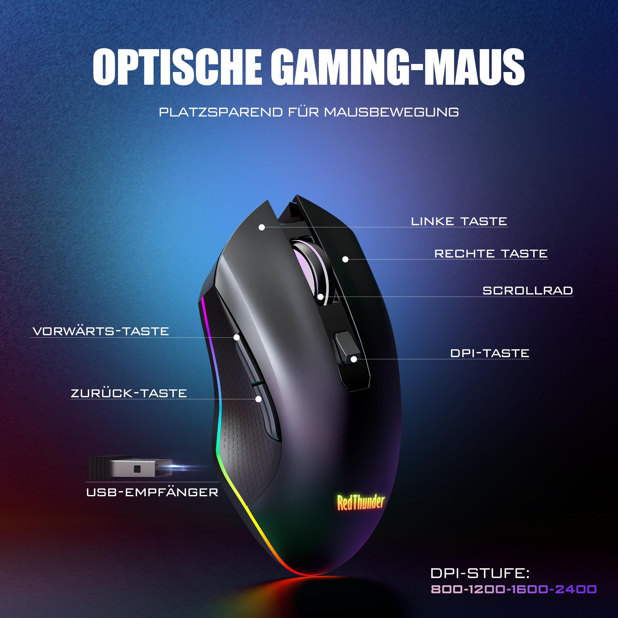 RedThunder 75% Kabelloses Tastatur und Maus Set, QWERTZ 94 Tasten TKL Layout, RGB, Wiederaufladbar Funktastatur mit Multimedia Funktionstasten, 7D Optische Maus für PC Xbox PS5, Büro (Schwarz)