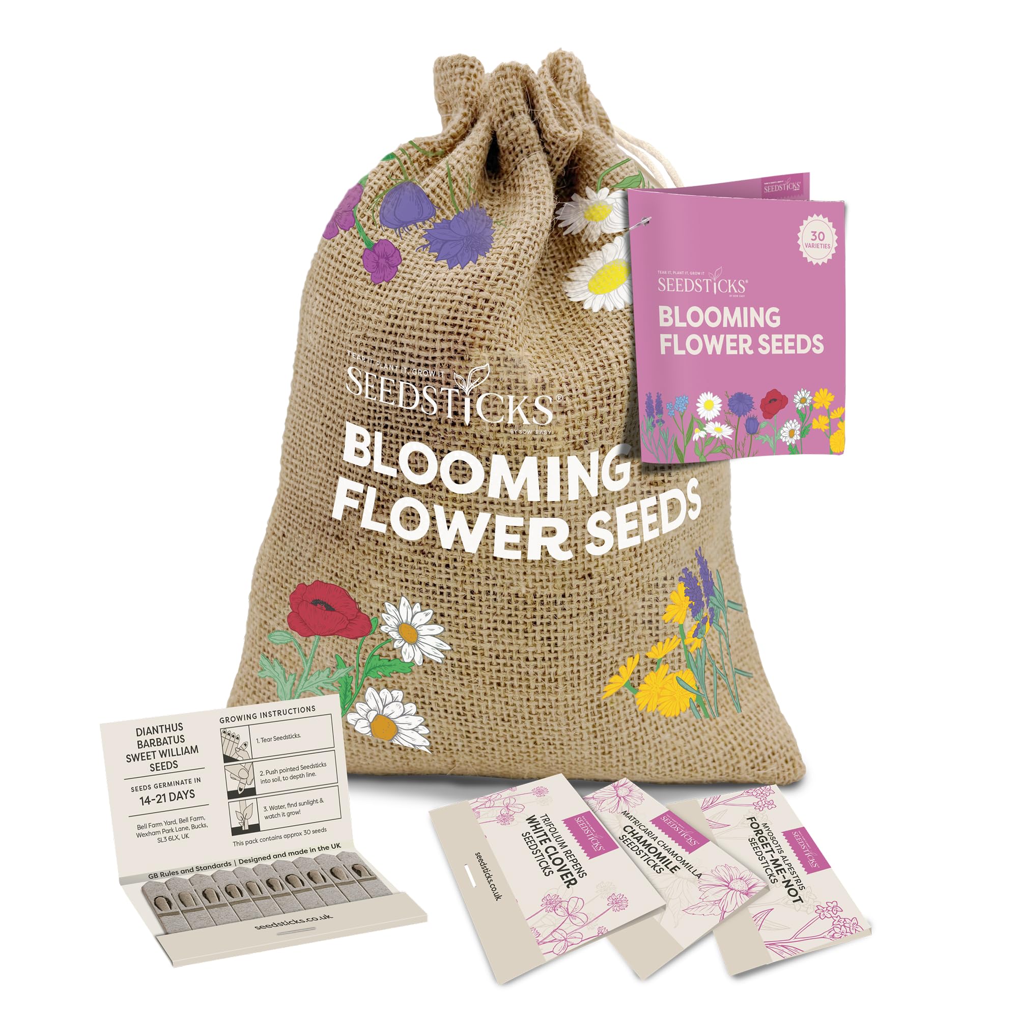 Seedsticks Blooming Flower Seeds Starter Kit - 30 Variety Wildflower & Cottage Garden Seed Collection - Grow Your Own Flowers - Gardening Gift Sack