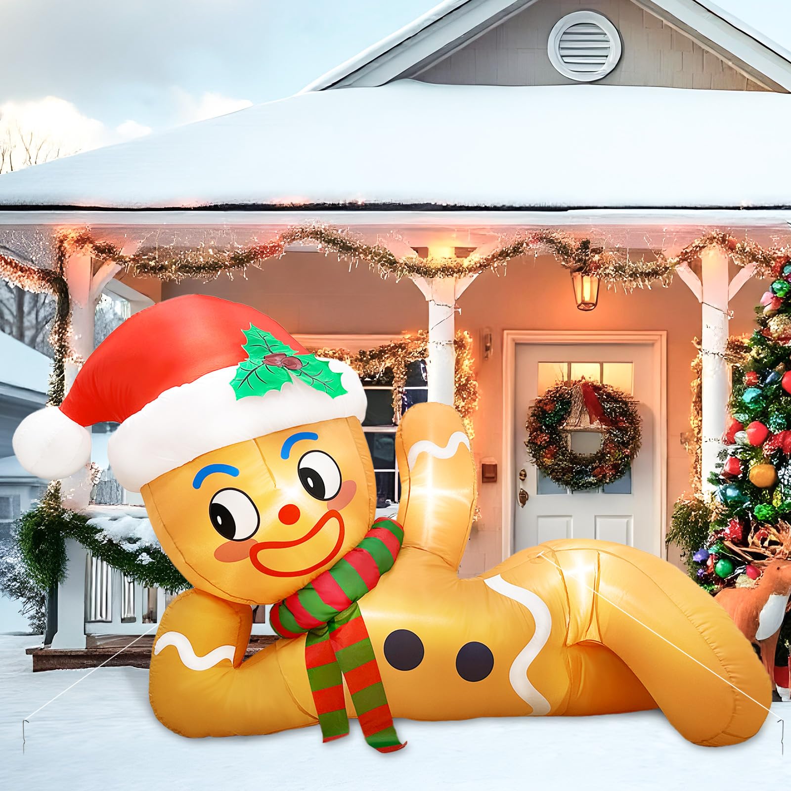 300 cm Aufblasbare Weihnachtsdeko Außen, liegender Weihnachtsdeko Aufblasbar Aussen Lebkuchenmann mit Integrierten LED Lichtern, Weihnachten Aufblasbar für Garten Rasen Hof Party Deko