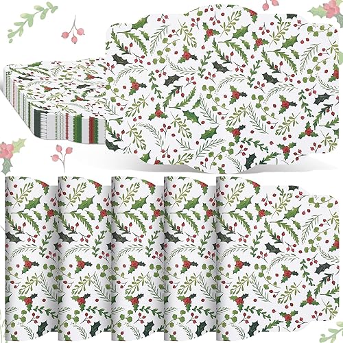 Lallisa 100 manteles individuales de papel de acebo de Navidad con bayas de acebo desechables para mesa de comedor, manteles individuales de Navidad