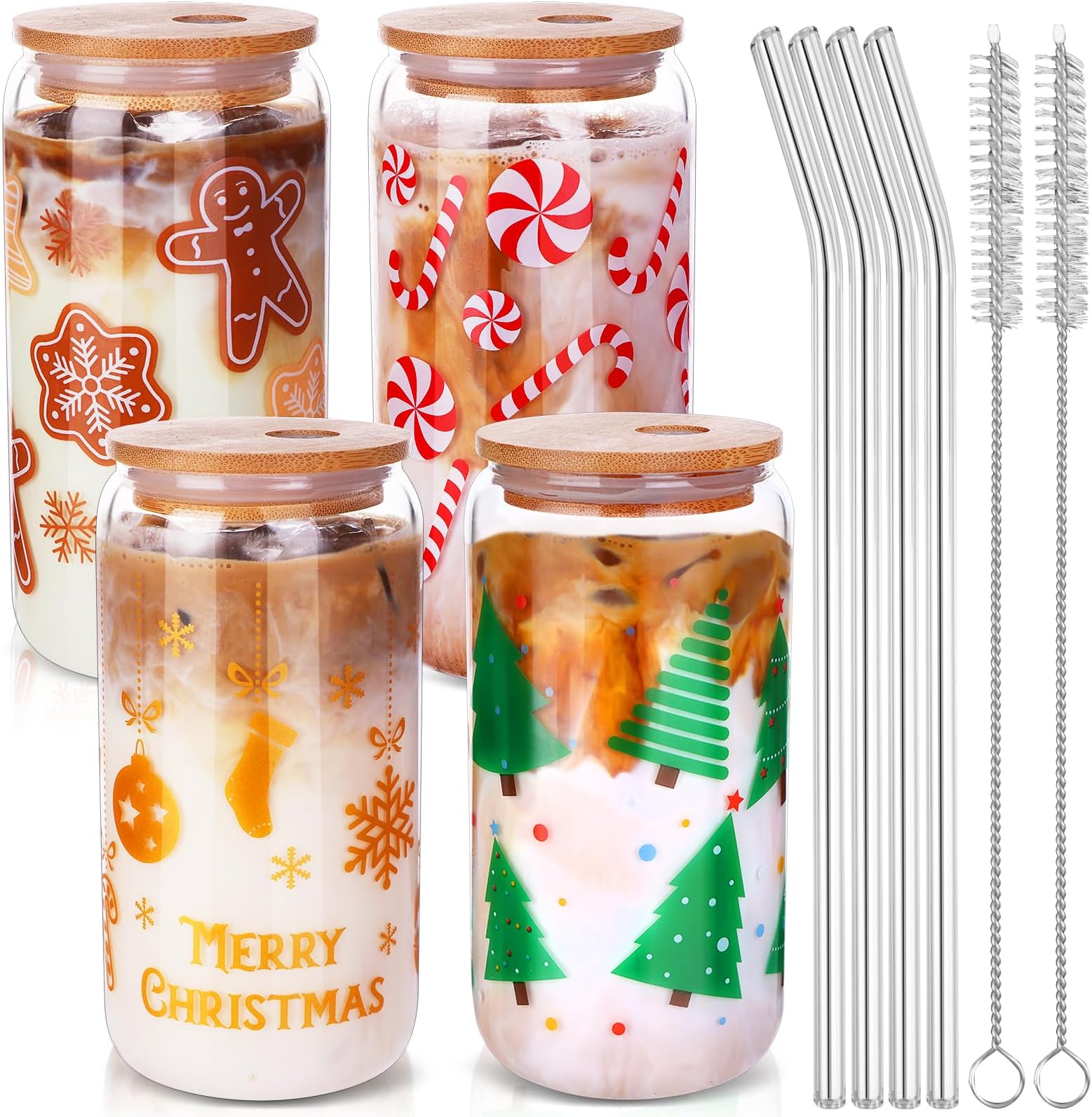 Amazon.com: 4Pcs Christmas Glass Cups, 16oz Christmas Mason Jars with ...