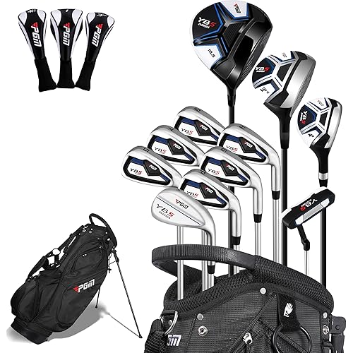 PGM 15 Pieces Men's Complete Golf Club Set with Driver, Fairway, Hybrid, Irons (6-SW), Putter, Stand Bag & Headcovers - Right Handed - Ideal for Beginners (Standard/Tall Sizes)