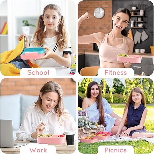 Miniatura 7 de TIME4DEALS Lonchera Bento para niños y adultos, 4 compartimentos con tenedor y cuchara, sin BPA, a prueba de fugas, estilo bento, apta para el