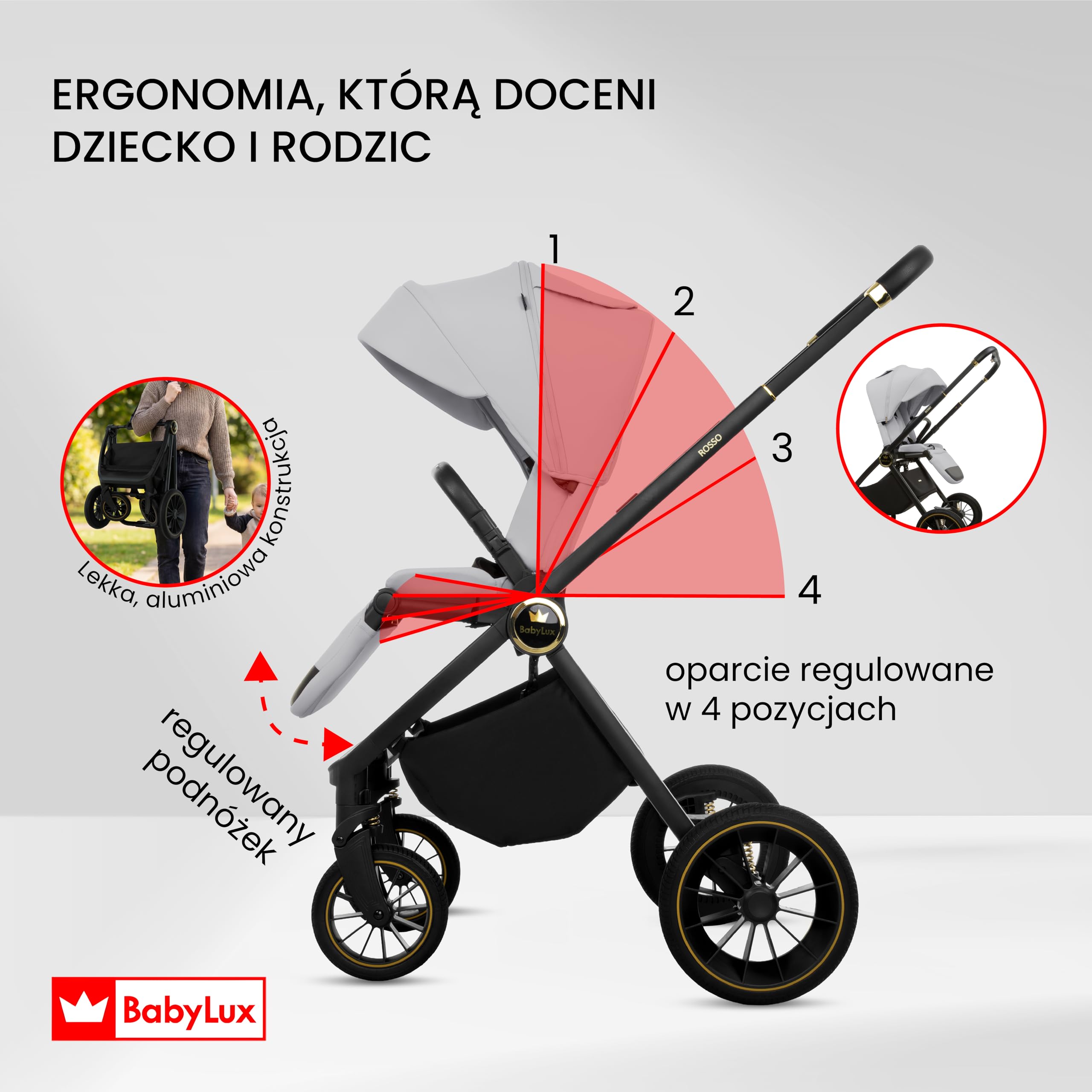 BabyLux Wielofunkcyjny Wózek Dziecięcy 3w1 ROSSO Gondola, Spacerówka, Fotelik Samochodowy z Akcesoriami, Lekki i Kompaktowy, Składana Aluminiowa Konstrukcja Stelaża, Regulowane oparcie, Żelowe Koła