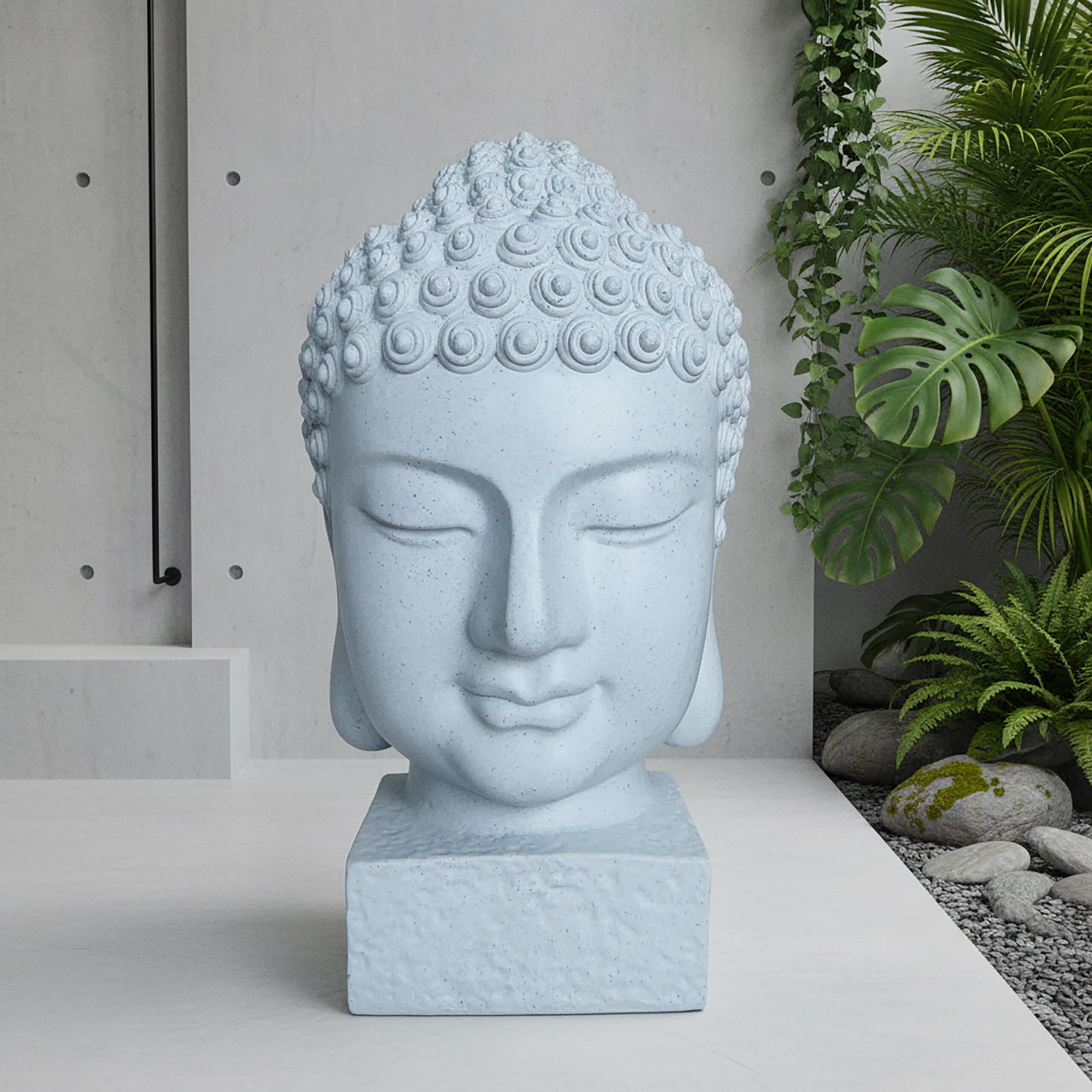Relaxdays Cabeza de Buda 70x45x45 cm - decoración Zen salón/jardín, Resistente a la Intemperie y heladas, Blanca