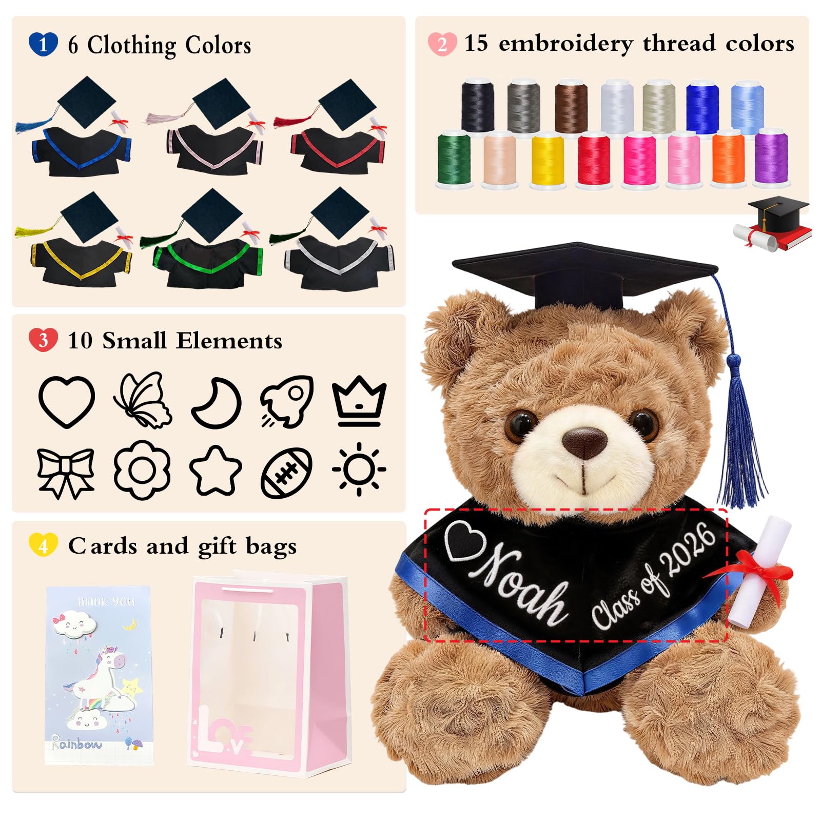 OELTTG 10'' Personalized Graduation Teddy Bear Gifts 2026 - Custom Name & Text, Graduation Gift for Her/Him, Kindergarten, High School & College Graduation Plush Bear with Cap & Diploma - 5