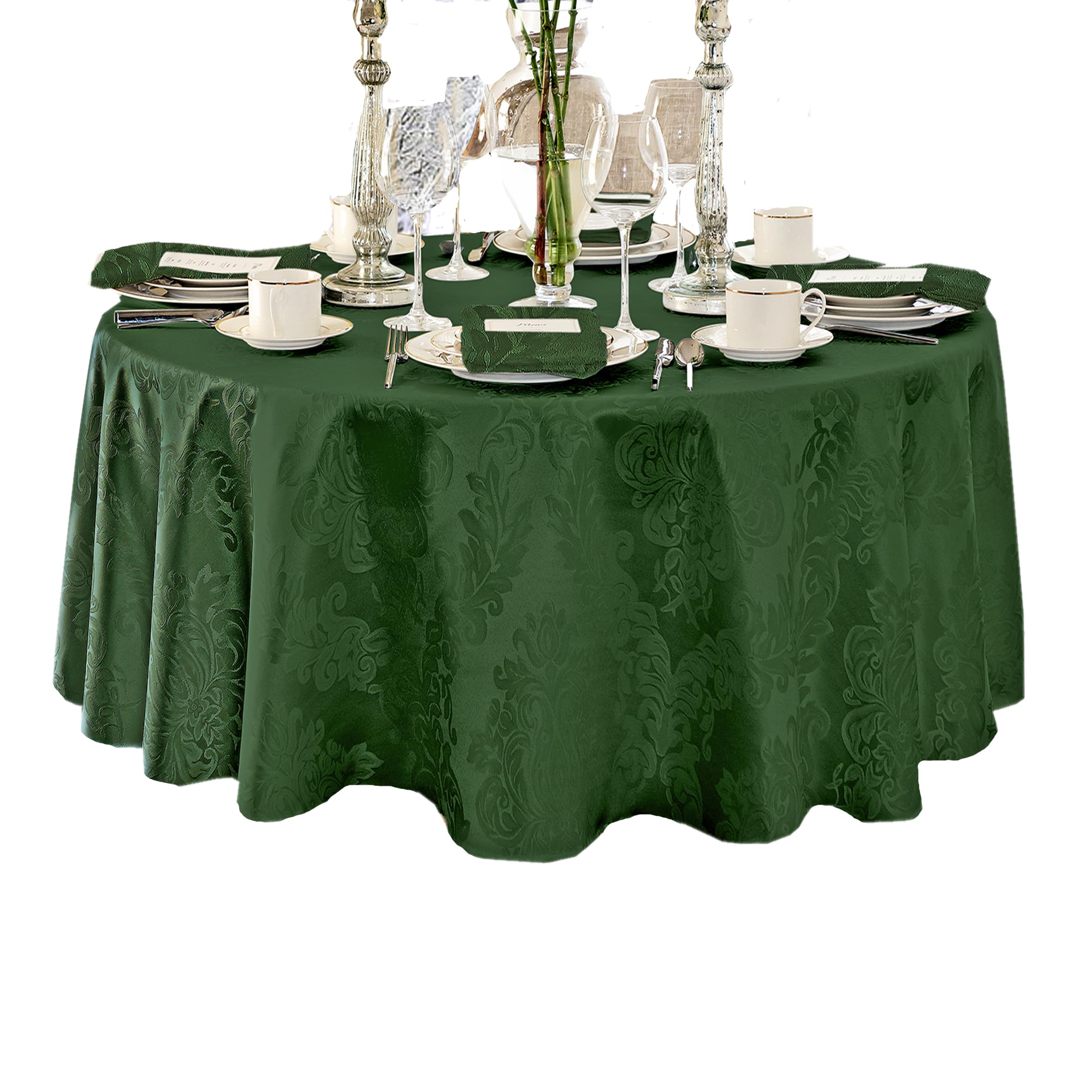 Newbridge Barcelona Luxury Damask Fabric Tablecloth, 100% Polyester, No Iron, Soil Resistant Dining Room, Party Banquet and Holiday Tablecloth, 90 Inch Round, Hunter Green