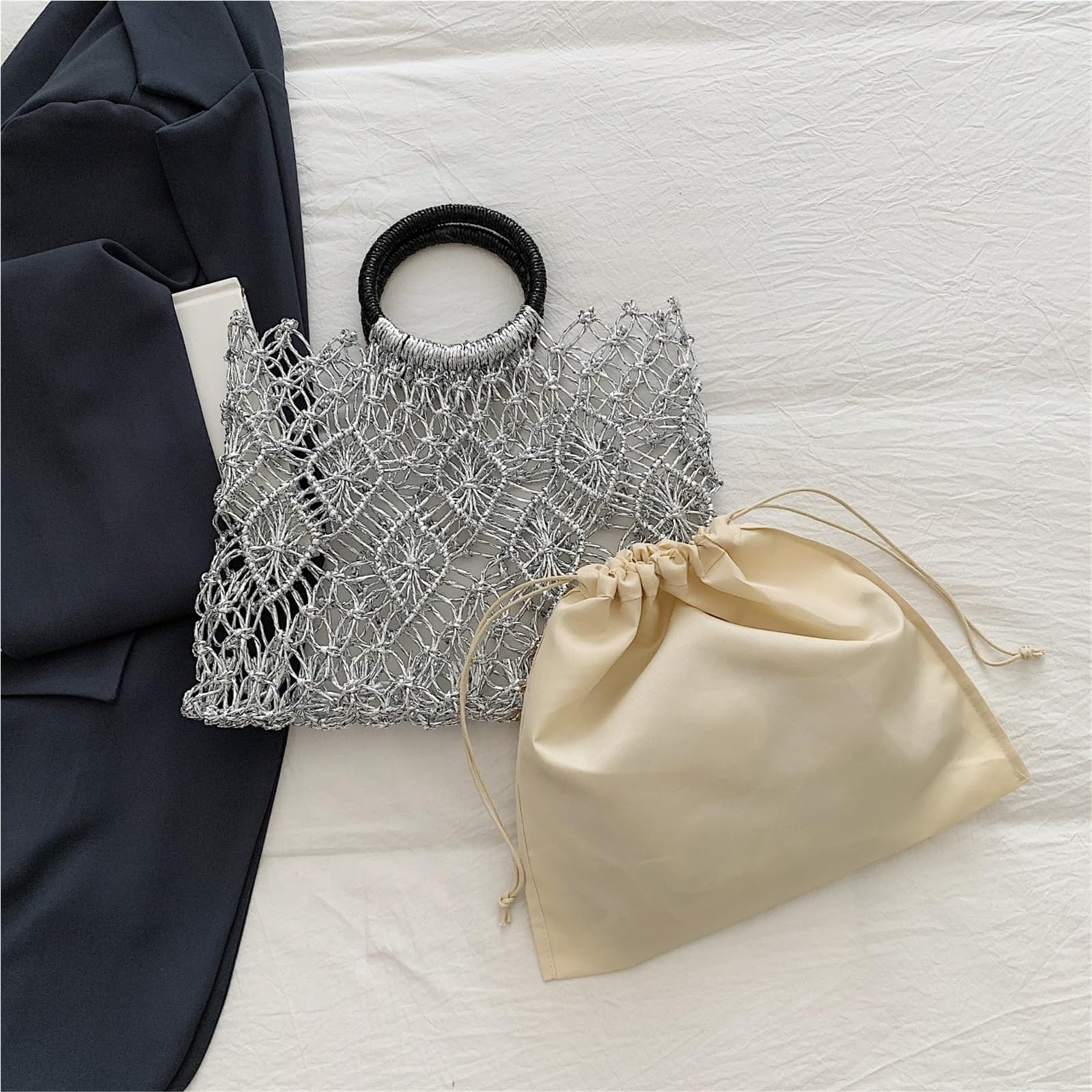 borsa donna estiva Borse da donna con manico rotondo dal design tessuto fatto a mano ecologiche superiore scavate
