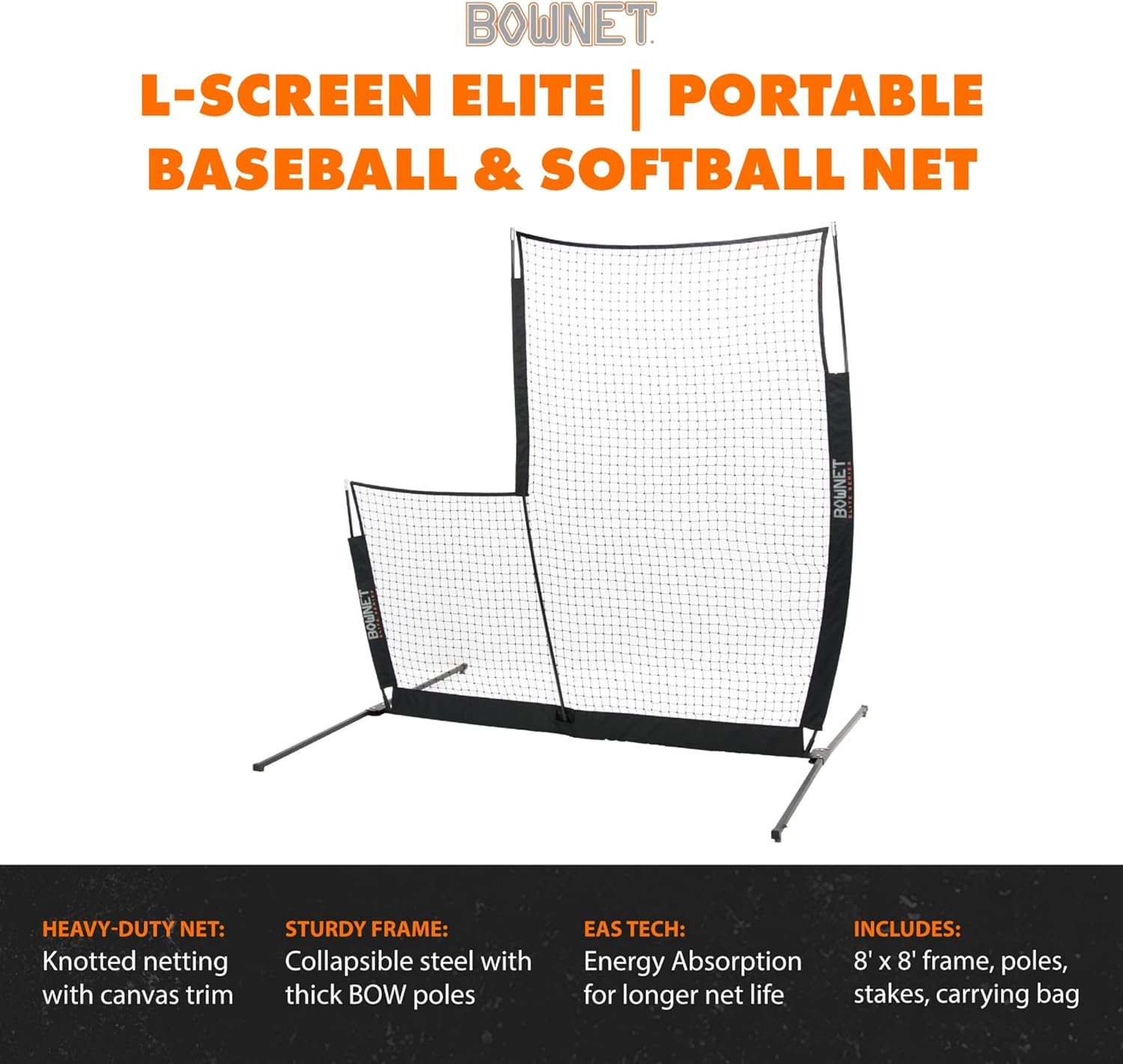 Bownet Elite L-Screen Baseball & Softball Protective Net – 8' x 8' Portable Pitcher Safety Screen for Batting Practice, Heavy-Duty Knotted Netting, E.A.S. Technology, Indoor/Outdoor Training Equipment