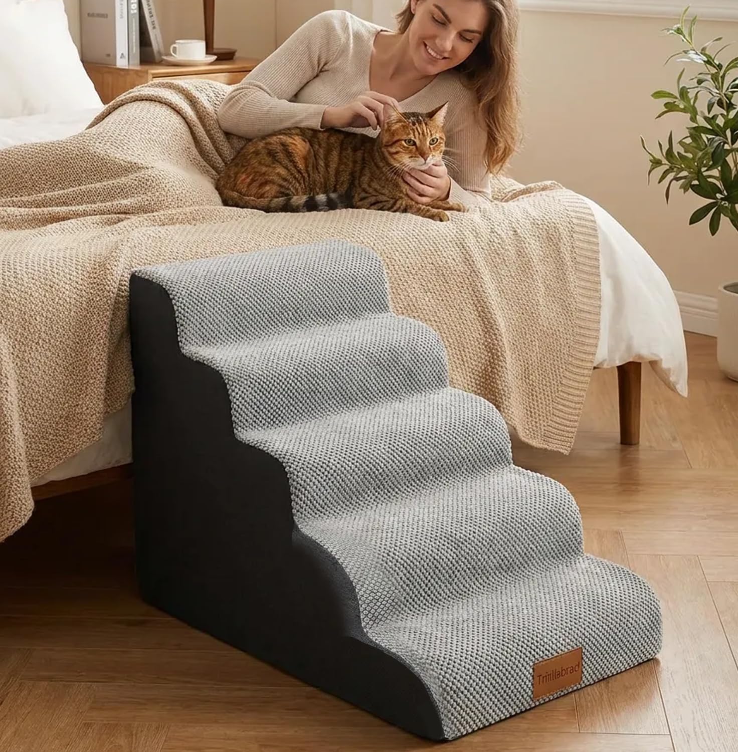 Breite Hundetreppe (62 cm hoch), 5 Stufen Tiertreppe aus hochdichtem Schaumstoff für kleine bis sehr große Hunde, rutschfeste Haustiertreppe mit waschbarem Bezug