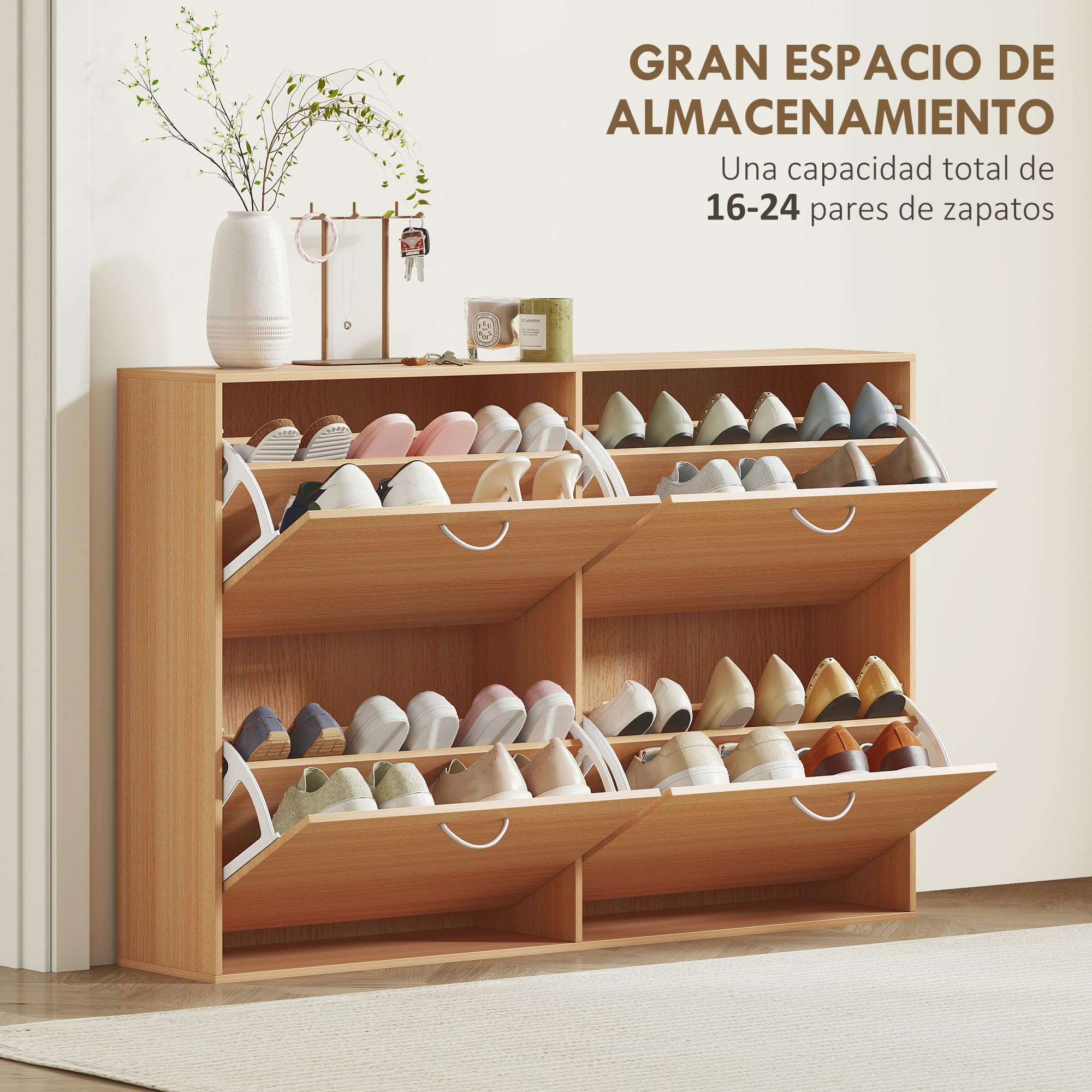 HOMCOM Zapatero Estrecho 4 Puertas, Zapatero Entrada Recibidor con Estantes Ajustables, para 16-24 Pares de Zapatos, para Pasillo, Espacios Reducidos, 120x24x81 cm, Natural