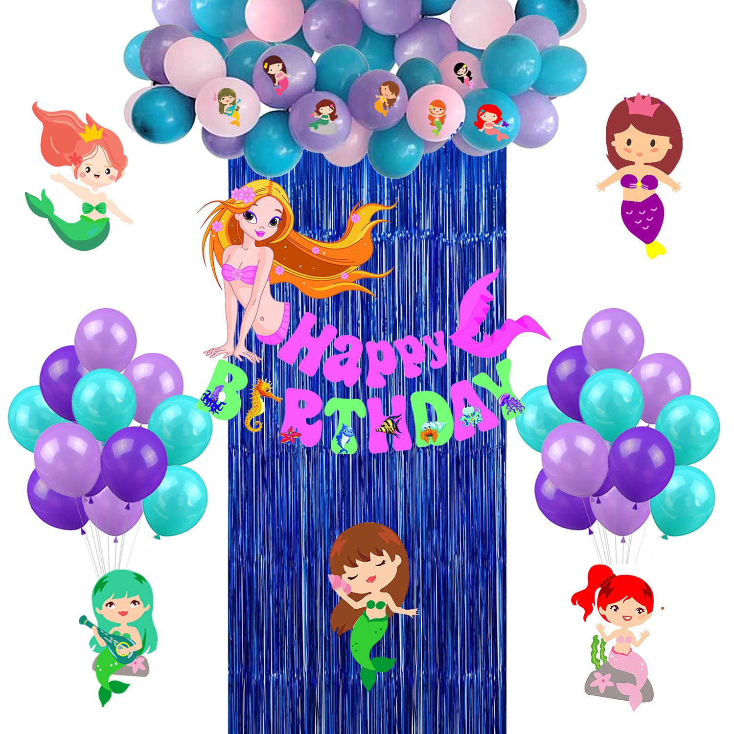 Party Propz Mermaid Theme Birthday Decorations – 54 PCS Mermaid Balloons, mermaid Banner, mermaids Cutouts, Foil Curtain, Birthday Decoration Kit for Girls (Cardstock)
