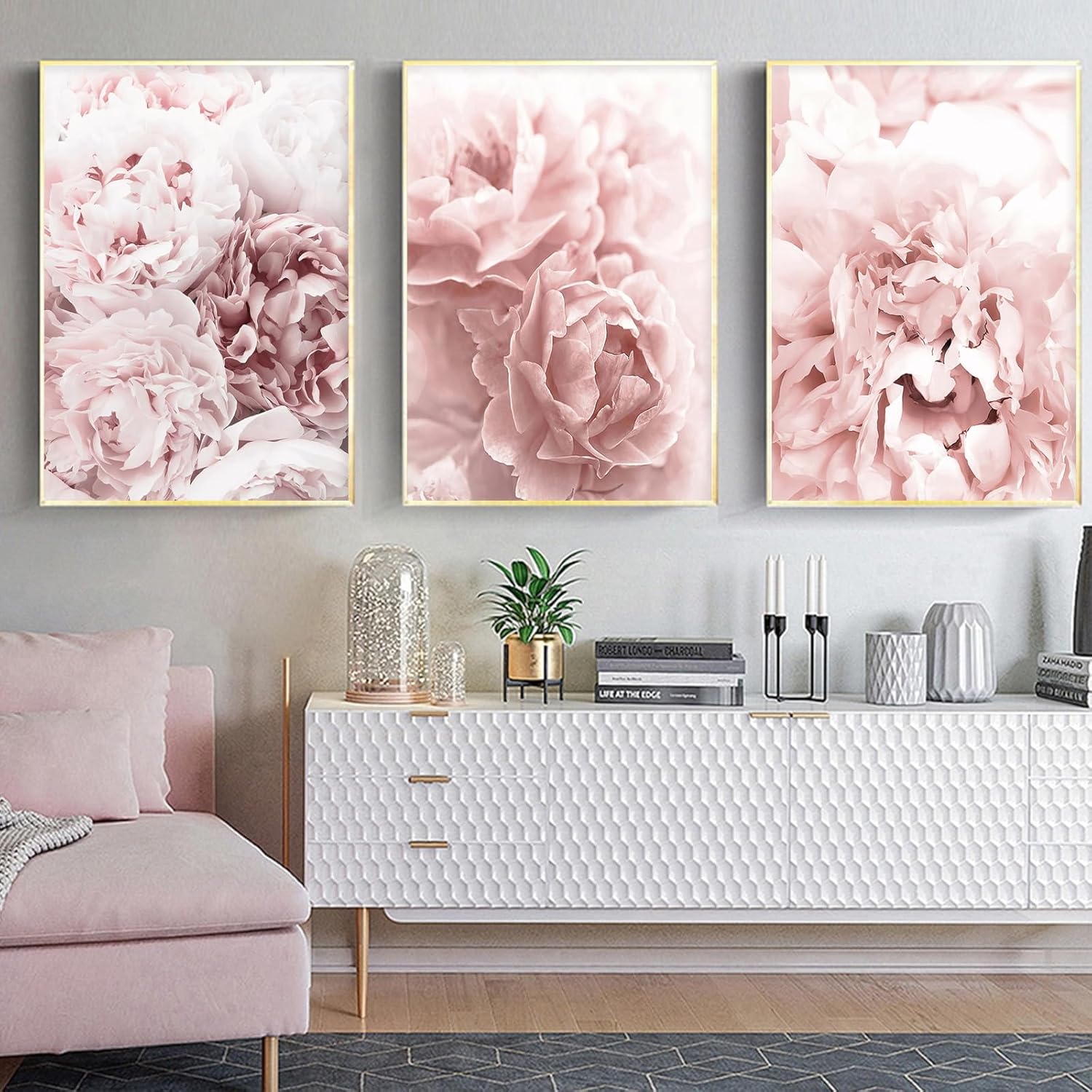 BACKYMRART Modern Flower Art Prints Pink Peony Poster Light Pink Rose Wall Art Peony Roses Art Canvas Painting Girls Bedroom Decor Flowers Canvas Wall Art for Living Room Decor 16x24in3 No Frame Pink,Rose 16x24inx3 Unframed