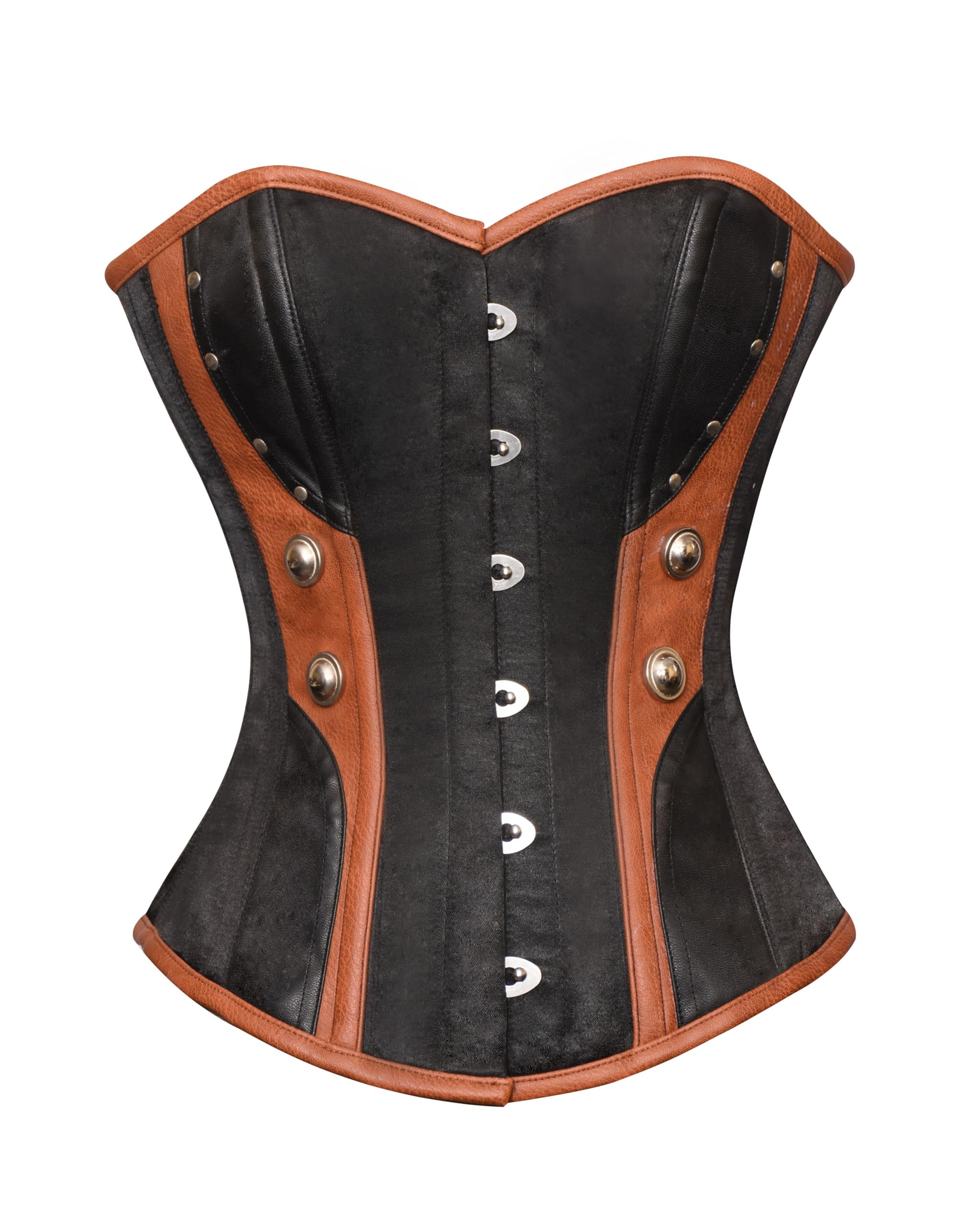 Black Satin Brown Leather Gothic Steampunk Bustier Waist Cincher Overbust Corset