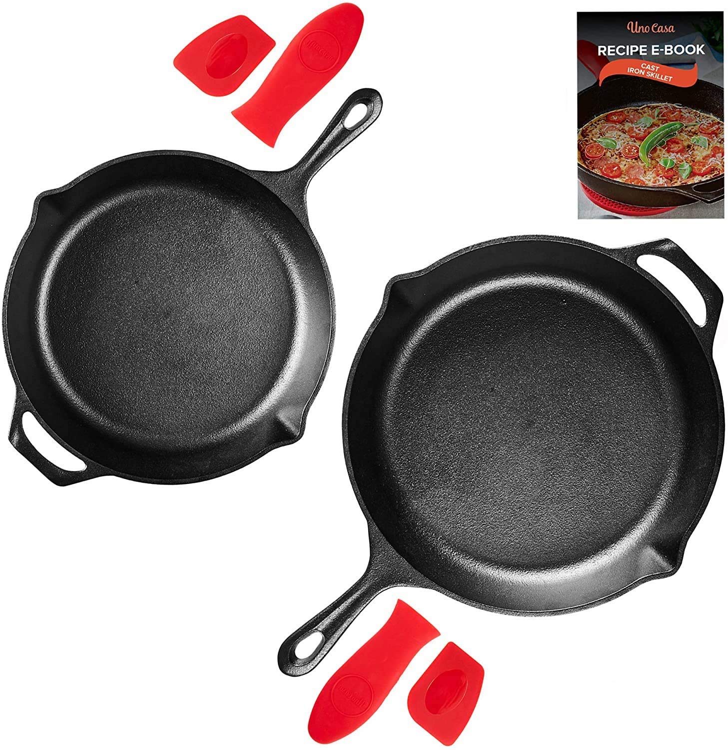 Uno CasaCast Iron Skillet Set - 2-Piece Set 10 in and 12 in - Pre-Seasoned Cast Iron Frying Pan - Oven Safe