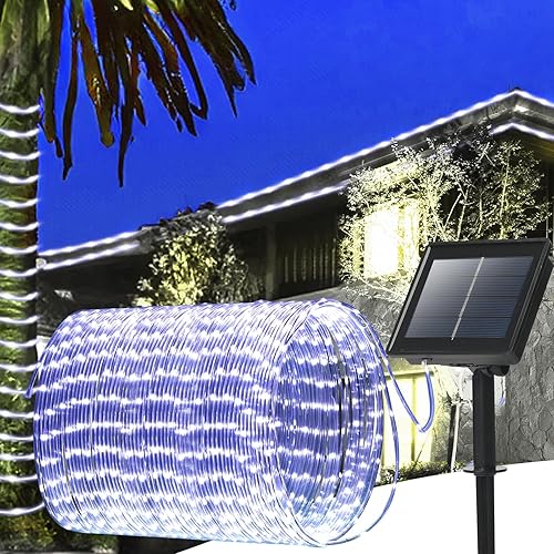 Cuerda de luces solares impermeables para exteriores, 39 pies, 100 luces LED para exteriores, tubo de PVC transparente, 8 modos de luces elásticas