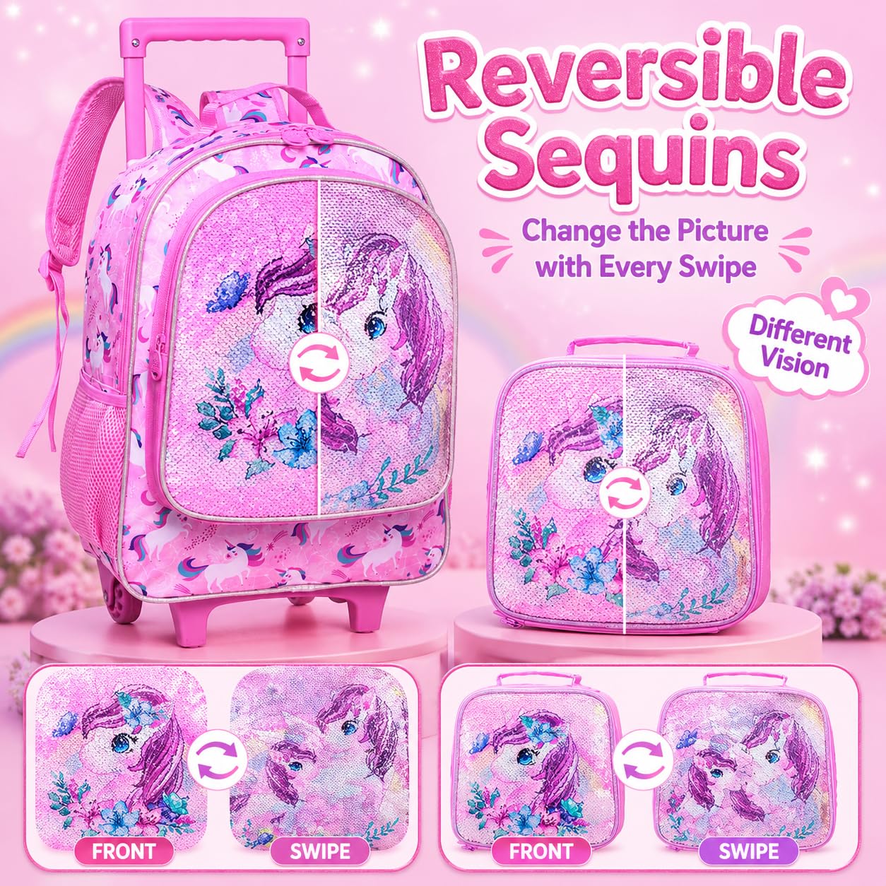 KLFVB Mochila escolar con ruedas para niñas y niños, con bolsa de almuerzo, mochila escolar con ruedas para niños