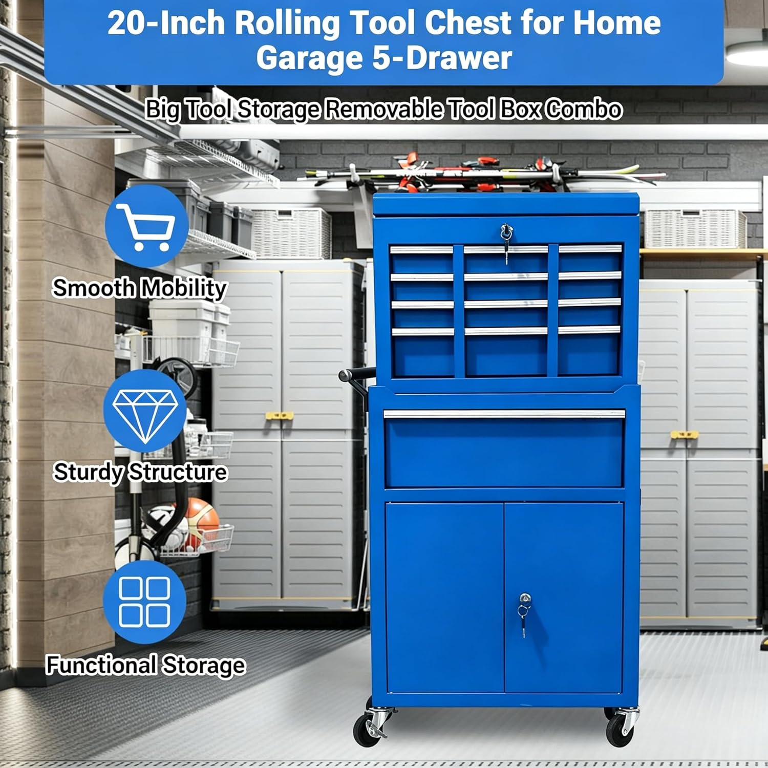 Heavy Duty 5 Drawer Tool Chest, Rolling Tool Box Cabinet on Wheels, 2-in-1 Detachable Metal Tool Storage Organizer for Garage and Workshop, Locking Steel Tool Cart with Portable Top Tool Box，Blue