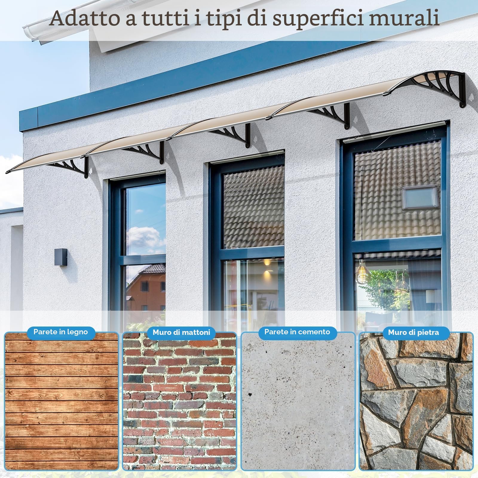 LIFERUN Pensilina Tettoia per Porta Balcone Esterno, 190 x 98.5 cm, Tetto Policarbonato Alveolare Trasparente, Protezione solare e dalla pioggia,Marrone scuro