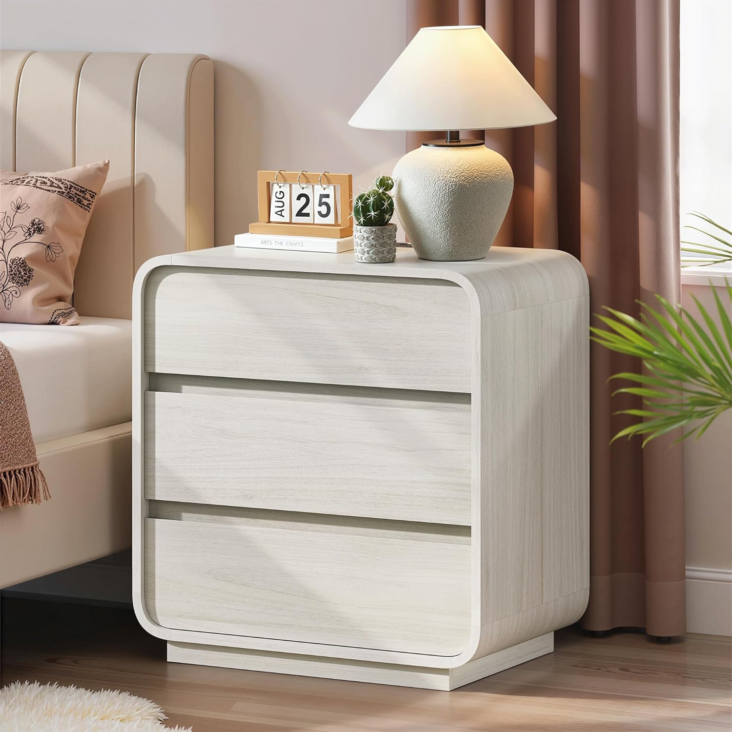 White Night Stand Set of 2 with Charging Station, Modern Dresser End Table with 3 Storage Drawers, Curved Wood Bedside Table, Mid Century Night Stand for Bedroom Dorm, 23.2" Wide - Image 8