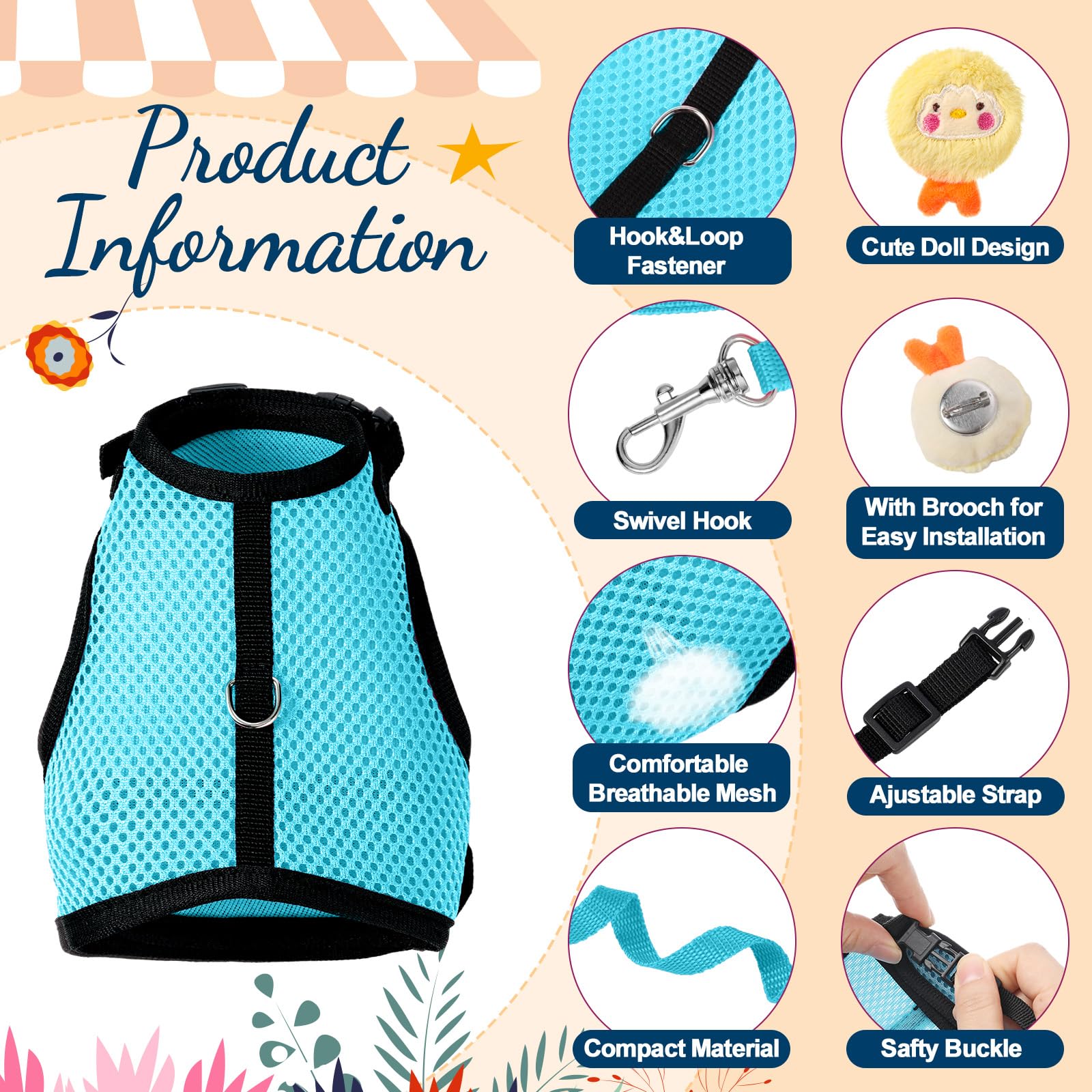 Rabbit Harness and Leash Set with 2 Cute Decorations Bunny Clothes Adjustable Buckle Breathable Mesh Vest Harness for Rabbits Ferret Small Pig Puppy Walking Supplies(Light Blue,Lively Pattern)