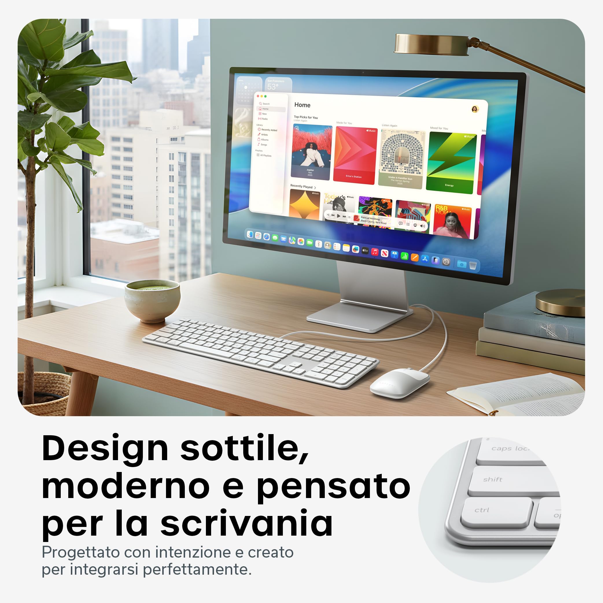 Satechi Tastiera con Cavo Slim LX3 𝗤𝗪𝗘𝗥𝗧𝗬 𝗨𝗦, Formato Completo con Tastierino Numerico, USB-C, Tasto per Cambio Sistema Operativo, per Mac, Windows e Android – Argento