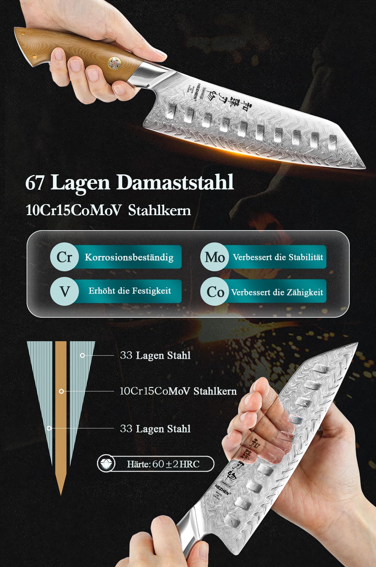 HEZHEN Santokumesser Damast,Japanischer Stil Kochmesser,Ultra-Scharfes Allzweck-Gyutomesser, Komfortabler Full Tang Griff